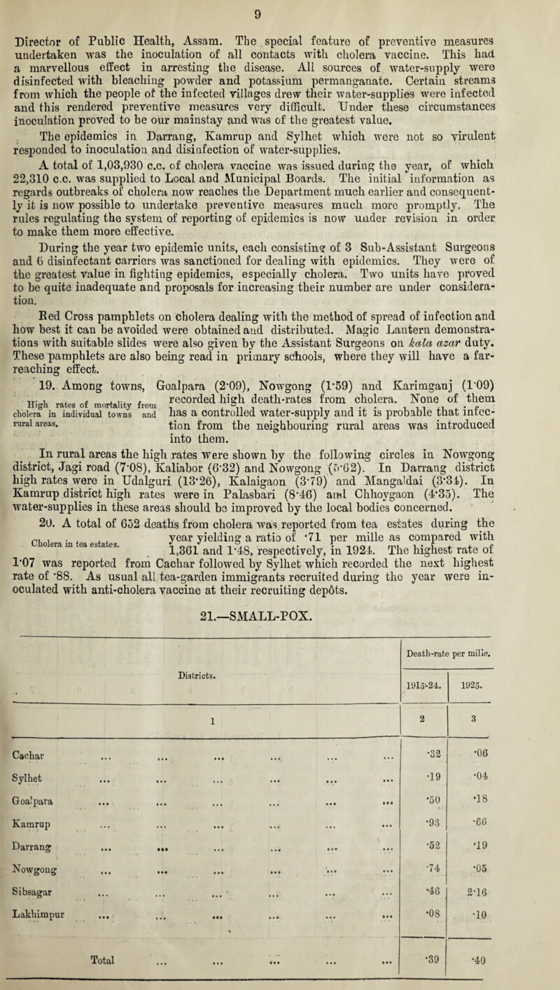 Director of Public Health, Assam. The special feature of preventive measures undertaken was the inoculation of all contacts with cholera vaccine. This had a marvellous effect in arresting the disease. All sources of water-supply were disinfected with bleaching powder and potassium permanganate. Certain streams from which the people of the infected villages drew their water-supplies were infected and this rendered preventive measures very difficult. Under these circumstances inoculation proved to be our mainstay and was of the greatest value. The epidemics in Darrang, Kamrup and Sylhet which were not so virulent responded to inoculation and disinfection of water-supplies. A total of 1,03,930 c.c. of cholera vaccine was issued during the year, of which 22,310 c.c. was supplied to Local and Municipal Boards. The initial information as regards outbreaks of cholera now reaches the Department much earlier and consequent¬ ly it is now possible to undertake preventive measures much more promptly. The rules regulating the system of reporting of epidemics is now under revision in order to make them more effective. During the year two epidemic units, each consisting of 3 Sub-Assistant Surgeons and 6 disinfectant carriers was sanctioned for dealing with epidemics. They were of the greatest value in fighting epidemics, especially cholera. Two units have proved to be quite inadequate and proposals for increasing their number are under considera¬ tion. Red Cross pamphlets on cholera dealing with the method of spread of infection and how best it can be avoided were obtained and distributed. Magic Lantern demonstra¬ tions with suitable slides were also given by the Assistant Surgeons on kalct azar duty. These pamphlets are also being read in primary schools, where they will have a far- reaching effect. 19. Among towns, Goalpara (2*09), Nowgong (1*59) and Karimganj (1’09) rr- , . r . ... £ recorded liisrh death-rates from cholera. None of them High rates of mortality - cholera in individual rural areas. from towns and has a controlled water-supply and it is probable that infec¬ tion from the neighbouring rural areas was introduced into them. In rural areas the high rates were shown by the following circles in Nowgong district, Jagi road (7’08), Kaliabor (6*32) and Nowgong (5*62). In Darrang district high rates were in Udalguri (13*26), Kalaigaon (3*79) and Mangaldai (3*31). In Kamrup district high rates were in Palasbari (8*46) ami Chhoygaon (4*35). The water-supplies in these areas should be improved by the local bodies concerned. 20. A total of 652 deaths from cholera was reported from tea estates during the ™ . . . . , year yielding a ratio of *71 per mille as compared with Cholera m tea estate,. i>361' and ^ respectively, in 1921. The highest rate o£ 1-07 was reported from Cachar followed by Sylhet which recorded the next highest rate of *88. As usual all tea-garden immigrants recruited during the year were in¬ oculated with anti-cholera vaccine at their recruiting depots. 21.—SMALL-POX. * Death-rate per milie. Districts. 1915-24. 1925. 1 2 3 Cachap •«« )•« ••• ••• ••• ••• •32 •06 Syllioti mi ••• ••• • • • •19 •04 Goat para ... \ ... ... ... ... *50 •18 Kamrup •93 •66 Darrang ••• • • •• •52 *19 Nowgong ... ... ... ... ■... ... •74 •05 Sibsagar •46 2T6 Lakhimpur * • o • oo TO Total ,,, ••• «m »•« »• • •39 •40