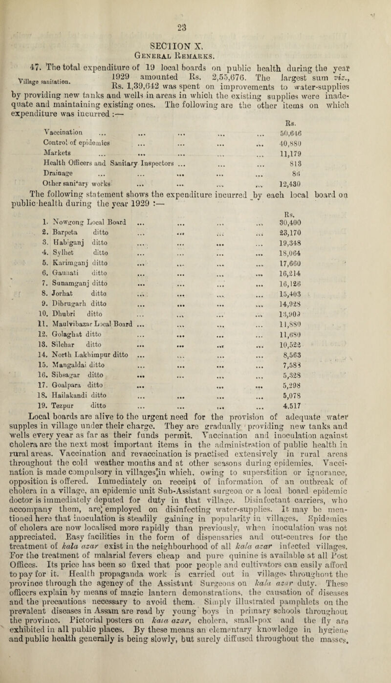 SECTION X. General Remarks. 47. The total expenditure of 19 local boards on public health during the yea? Village sanitation 1929 amount;ed Rs- 2,55,676. The largest sum vie., Rs. 1,39,642 was spent on improvements to water-supplies by providing new tanks and wells in areas in which the existing supplies were inade¬ quate and maintaining existing ones. The following are the other items on which expenditure was incurred - Vaccination *•« • • ♦ • • • Rs. 50,646 Control of epidemics • • • • • • • • • 40,880 Markets • • » • • • 11,179 Health Officers and Sanitary Inspectors ... • • • 813 Drainage • • • ««i • • • 86 Other sanffarj’ works • • k • • • 12,430 The following statement shows the expenditure incurred by each local board on public health during the year .1929 :— 1. Nowgong Local Board 2. Barpeta ditto 3. Habiganj ditto 4. Sylhet ditto 5. Karimganj ditto 6. Gaunati ditto 7. Sunamganj ditto 8. Jorhat ditto 9. Dibrugarh ditto I. 0. Dhubri ditto II. Maulvibazar Local Board 12. Golagbat ditto 13. Silchar ditto 14. North Lakhimpur ditto 15. Mangaldai ditto 16. Sibsagar ditto 17. Goal para ditto 18. Hailakandi ditto 19. Tezpur ditto Ils, 30,400 23,170 19,348 18,064 17,660 16,214 16,126 15,403 14,928 13,909 11,880 11,680 10,522 8,563 7,583 5,328 5,298 5,078 4.517 Local boards are alive to the urgent need for the provision of adequate water supples in village under their charge. They are gradually providing new tanks and wells every year as far as their funds permit. Vaccination and inoculation against cholera are the next most important items in the administration of public health in rural areas. Vaccination and revaccination is practised extensively in rural areas throughout the cold weather months and at other seasons during epidemics. Vacci¬ nation is made compulsory in villages^in which, owing to superstition or ignorance, opposition is offered. Immediately on receipt of information of an outbreak of cholera in a village, an epidemic unit Sub-Assistant surgeon or a local board epidemic doctor is immediately deputed for duty in that village. Disinfectant carriers, who accompany them, arej employed on disinfecting water-supplies. It may be men¬ tioned here that inoculation is steadily gaining in popularity in villages. Epidemics of cholera are now localised more rapidly than previously, when inoculation was not appreciated. Easy facilities in the form of dispensaries and out-centres for the treatment of kala azar exist in the neighbourhood of all hala azar infected villages. Eor the treatment of malarial fevers cheap and pure quinine is available at all Post Offices. Its price has been so fixed that poor people and cultivators can easily afford to pay for it. Health propaganda work is carried out in villages throughout the province through the agency of the Assistant Surgeons on hala azar duty. These officers explain by means of magic lantern demonstrations, the causation of diseases and the precautions necessary to avoid them. Simply illustrated pamphlets ou the prevalent diseases in Assam are read by young boys in primary schools throughout the province. Pictorial posters on Teat a azar, cholera, small-pox and the fly arc exhibited in all public places. By these means an elementary knowledge in hygiene and public health generally is being slowly, but surely diffused throughout the masses.