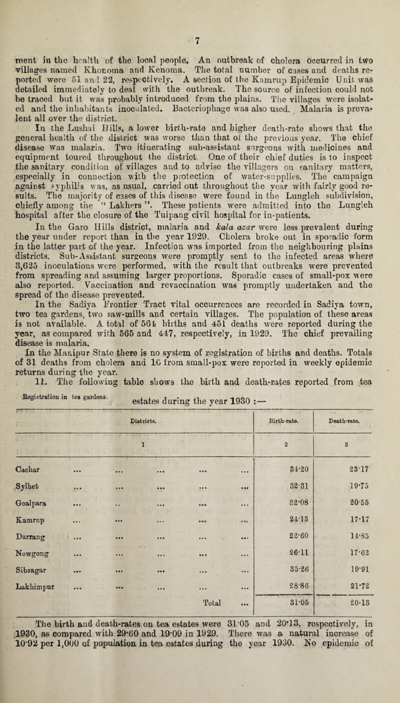 ment in the health of the local people. An outbreak of cholera occurred in two villages named Khonoina and Kenoma. The total number of cases and deaths re¬ ported were *51 and 22, respectively. A section of the Kamrup Epidemic Unit was detailed immediately to deal with the outbreak. The source of infection could not be traced but it was probably introduced from the plains. The villages were isolat¬ ed and the inhabitants inoculated. Bacteriophage was also used. Malaria is preva¬ lent ail over the district. In the Lushai Eills, a lower birth-rate and higher death-rate shows that the general health of the district was worse than that ot the previous year. The chief disease was malaria. Two itinerating sub-assistant surgeons with medicines and equipment toured throughout the district. One of their chief duties is to inspect the sanitary condition of villages and to advise the villagers on sanitary matters, especially in connection with the protection of water-supplies. The campaign against syphilis was, as usual, carried out throughout the year wflth fairly good re¬ sults. The majority of cases of this disease were found in the Lungleh subdivision, chiefly among the “ Lakhers ”. These patients were admitted into the Lungleh hospital after the closure of the Tuipang civil hospital for in-patients. In the Garo Hills district, malaria and kola azar were less prevalent during the year under report than in the year 1929. Cholera broke out in sporadic form in the latter part of the year. Infection was imported from the neighbouring plains districts. Sub-Assistant surgeons were promptly sent to the infected areas where 3,625 inoculations were performed, with the result that outbreaks were prevented from spreading and assuming larger proportions. Sporadic cases of small-pox were also reported. Vaccination and re vaccination was promptly undertaken and the spread of the disease prevented. In the Sadiya Frontier Tract vital occurrences are recorded in Sadiya town, two tea gardens, two saw-mills and certain villages. The population of these areas is not available. A total of 581 births and 451 deaths were reported during the year, as compared with 565 and 447, respectively, in 1929. The chief prevailing disease is malaria. In the Manipur State there is no system of registration of births and deaths. Totals of 31 deaths from cholera and 1G from small-pox were reported in weekly epidemic returns during the year. 11. The following table shows the birth and death-rates reported from tea Registration in tea gardens. estates during the year 1930 • — • X Districts. Birth-rate. Death-rate. . • » i * 1 2 3 Cachar • • • • • • Mf ••• ••• 84*20 23*17 Sylhet • • • Ml ••• • • • 32*31 19*75 Goalpara • • • • • mi *09 • i • 32*08 20 55 Kamrup • • • • • • ••• ••• lit 24*13 17*17 Darrang • • • • • • • •• Ml • • I 22*60 14*85 Nowgong • • • Ml M« 949 ••• 26*11 17*62 Sibsagar • • • • • • ••• Ml 35*26 19*91 Lakhimpur • • • • • • Ml • • • • • • 28*86 21*72 Total 31*05 20-13 The birth and death-rates on tea estates were 31 05 and 20*13, respectively, in 1930, as compared with 29*60 and 19*09 in 1929. There was a natural increase of 10*92 per 1,000 of population in tea estates during the year 1930. No epidemic of