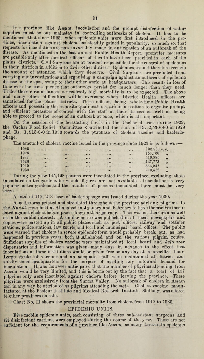 In a province like Assam, inoculation and the prompt disinfection of water- supplies must be our mainstay in controlling outbreaks of cholera. It has to be mentioned that since 1925, when epidemic units were first introduced in the pro¬ vince, inoculation against cholera has steadily gained in popularity, so much so, that requests for inoculation are now invariably made in anticipation of an outbreak of tbe disease. As mentioned in the last annual Public Health Report, prompter measures are possible only after medical officers of health have been provided in each of the plains districts. Civil Surgeons are at present responsible for the control of epidemics in their districts in addition to their other duties. Epidemics cannot therefore receive the amount of attention which they deserve. Civil Surgeons are precluded from carrying out investigations and organising a campaign against an outbreak of epidemic disease on the spot, owing to their other work at headquarters. This results in loss of time with the consequence that outbreaks persist for much longer than they need. Under these circumstances a needlessly high mortality is to be expected. The above and many other difficulties will be overcome when Dffitnct Health officers are sanctioned for the plains districts. These officers, being whole-time Public Health officers and possessing the requisite qualifications, are in a position to organise prompt and efficient measures of control with the staff at their disposal as well as being able to proceed to the scene of an outbreak at once, which is all important. On the occasion of the devastating floods in the Cacliar district during 1929, the Cachar Flood Relief Committee emtributed the sum of Rs. 2,530-8-0 in 1929 and Rs. 1, 913 8-0 in 1930 towards the purchase of cholera vaccine and bacterio¬ phage. The amount of cholera vaccine issued in the province since 1925 is as follows :— 1925 ... ... ... ... ... 103,930 c. c. 1926 1927 1928 1929 1930 154,760 419,880 237,773 356,047 220,532 )> >» »» During the year 145,498 persons were inoculated in the province, excluding those inoculated on tea gardens for which figures are not available. Inoculation is very popular on tea gardens and the number of persons inoculated there must be very large. A total of 112, 213 doses of bacteriophage was issued during the year 1930. A notice was printed and circulated throughout the province advising pilgrims to the Kim.bh mela hel l at Allahabad in January and February to have themselves inocu¬ lated against cholera before proceeding on their journey. This was on their own a9 well as in the public interest. A similar notice was published in all local newspapers and copies were pasted up in all public places such as post offices, railway and steamer stations, police stations, law courts and local and municipal board offices. The public were warned that cholera in severe epidemic form would probably break out, as had happened in previous years, both at Allahabad and on the various pilgrim routes. Sufficient supplies of cholera vaccine were maintained at local board and kala azar dispensaries and information was given many days in advance to the effect that inoculations at these institutions would be given free on any day at a specified hour. Large stocks of vaccines and an adequate staff were maintained at district and subdivisional headquarters for the purpose of meeting any untoward demand for inoculation. It was however anticipated that the number of pilgrims attending from Assam would he very limited, and this is home out by the fact that a total of 197 pilgrims only were inoculated against cholera before leaving the province. These pilgrims were exclusively from the Surma Valley. No outbreak of cholera in Assam can in any way be attributed to pilgrims attending the mel i. Cholera vaccine manu¬ factured at the Pasteur Institute and Medical Research Institute, Shillong, was offered to other provinces on sale. Chart No. II shows the provincial mortality from cholera from 1912 to 1930. EPIDEMIC UNITS. Five mobile epidemic units, each consisting of three sub-assistant surgeons and Six disinfectant carriers, were employed during the course of the year. These are not sufficient for the requirements of a province like Assam, as many diseases in epidemics