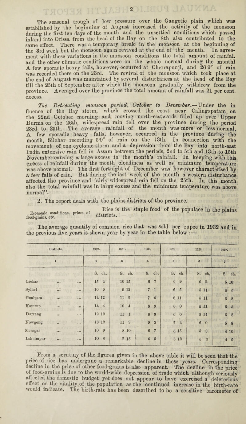 The seasonal trough of low pressure over the Gangetic plain which was established by the beginning of August increased the activity of the monsoon during the first ten days of the month and the unsettled conditions which passed inland into Orissa from the head of the Bay on the 8th also contributed to the same effect. There was a temporary break in the monsoon at the beginning of the 3rd week but the monsoon again revived at the end of the month. In agree¬ ment with these variations in the monsoon conditions the total amount of rainfal. and the other climatic conditions were on the whole normal during the monthl A few sporadic heavy falls, however, occurred at Cherrapunji, and 26 9 of rain was recorded there on the 23rd. The revival of the monsoon which took place at the end of August was maintained by several disturbances at the head of the Bay till the 25th of September after which the monsoon gradually withdrew from the province. Averaged over the province the total amount of rainfall was 21 per cent, excess. The Retreating monsoon period, October to December.—Under the in fluence of the Bay storm, which crossed the coast near Calingapatam on the 22nd October morning and moving north-eastwards filled up over Upper Burma on the 26th, widespread rain fell over the province during the period 23rd to 25th. The average rainfall of the month was more or less normal. A few sporadic heavy falls, however, occurred in the province during the month, Silchar recording 6*9 of rain on the 13th. In connection with the movement of one cyclonic storm and a depression from the Bay into north-east India extensive rain fell in Assam between the periods, 2nd to 5th and I3tli to 15th November causing a large excess in the month’s rainfall. In keeping with this excess of rainfall during the month cloudiness as well as minimum temperature was above normal. The first fortnight of December was however characterised by a few falls of rain. But during the last week of the month a western disturbance affected the province and fairly widespread rain fell on the 25th. In this month also the total rainfall was in large excess and the minimum temperature was above normal”. 2. The report deals with the plains districts of the province. Bice is the staple food of the populace in the plains Economic conditions, prices of + • j. r food-grains, etc. UlSiriCuS. The average quantity of common rice that was sold per rupee in 1932 and in the previous five years is shown year by year in the table below :— Districts. 1932. 1931. 1930. 1929. 1928. 1927. 1 2 3 4 S 6 7 S. ch. S. cb. S. cb. S. ch. S. ch. S. ch. Cachar ... 15 4 10 15 8 7 6 9 6 2 5 10 Sylhet m 10 9 9 12 7 1 6 5 5 11 5 6 Goalpara 14 12 11 2 7 6 6 11 5 11 5 8 Kamrup ... ... 14 4 10 4 8 9 6 0 5 11 5 5 Darrang ... 12 12 11 1 8 9 6 0 5 14 5 8 ITowgong 13 12 11 9 9 3 7 4 6 0 5 8 Sibsagar 10 9 8 10 6 7 6 15 5 3 4 10 Lakbimpur 10 8 7 15 6 5 5 12 5 3 4 9 From a scrutiny of the figures given in the above table it will be seen that the price of rice has undergone a remarkable decline in these years. Corresponding decline in the price of other food-grains is also apparent. The decline in the price of food-grains is due to the world-wide depression of trade which although seriously affected the domestic budget yet does not appear to have exercised a deleterious effect on the vitality of the population as the continued increase in the birth-rate would indicate. The birth-rate has been described to be a sensitive barometer of