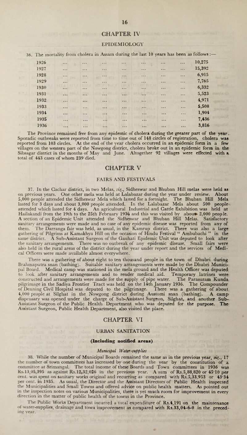 CHAPTER IV EPIDEMIOLOGY 36. The mortality from cholera in Assam during the last 10 years has been as follows :— 1926 1927 1928 1929 1930 1931 1932 1933 1934 1935 1936 10,275 15,392 6,915 7,765 6,332 5,523 4,971 5,508 1,904 7,436 3,816 The Province remained free from any epidemic of cholera during the greater part of the year. Sporadic outbreaks were reported from time to time out of 148 circles of registration, cholera was reported from 103 circles. At the end of the year cholera occurred in an epidemic form in a few villages on the western part of the Nowgong district, cholera broke out in an epidemic form in the Sibsagar district in the months of May and June. Altogether 92 villages were effected with a total of 443 cases of whom 239 died. CHAPTER V FAIRS AND FESTIVALS 37. In the Cachar district, in two Melas, viz., Sidheswar and Bhuban Hill mclas were held as on previous years. One other mela was held at Lalabazar during the year under review. About 5,000 people attended the Sidheswar Mela which lasted for a fortnight. The Bhuban Hill Mela lasted for 3 days and about 3,000 people attended. In the Lalabazar Mela about 500 people attended which lasted for 4 days. An agricultural Industrial and Cattle Exhibition was held at Hailakandi from the 19th to the 25th February 1936 and this was visited by abou* 2,000 people. A section of an Epidemic Unit attended the Sidheswar and Bhuban Hill Melas. Satisfactory sanitary arrangements were made and no case of any epidemic disease was reported from any of them. The Darranga fair was held, as usual, in the Kamrup district. There was also a large gathering of Pilgrims at Kamakhya Hill on the occasion of Hindu Festival “ Ambubachi ” in the same district. A Sub-Assistant Surgeon of the Gauhati Epidemic Unit was deputed to look after the sanitary arrangements. There was no outbreak of any epidemic disease. Small fairs were also held in the rural areas of the district during the year under report and the services of Medi¬ cal Officers were made available almost everywhere. There was a gathering of about eight to ten thousand people in the town of Dhubri during Brahmaputra snan (bathing). Suitable sanitary arrangements were made by the Dhubri Munici¬ pal Board. Medical camp was stationed in the mela ground and the Health Officer was deputed to look after sanitary arrangements and to render medical aid. Temporary latrines were constructed and arrangements were made for the supply of pipe water. The Parasuram Kunda pilgrimage in the Sadiya Frontier Tract was held on the 14th January 1936. The Compounder of Denning Civil Hospital was deputed to the pilgrimage. There was a gathering of about 4,000 people at Silghat in the Nowgong district during Austomi snan (bathing). A camp dispensary was opened under the charge of Sub-Assistant Surgeon, Silghat, and another Sub- Assistant Surgeon of the Public Health Department who was deputed for the purpose. The Assistant Surgeon, Public Health Department, also visited the place. CHAPTER VI URBAN SANITATION (Including notified areas) Municipal Water-supplies 38. While the number of Municipal Boards remained the same as in the previous year, viz., 17 the number of town committees has increased by one during the year by the constitution of a committee at Srimangal. The total income of these Boards and Town committees in 1936 was Rs.13,05,395 as against Rs. 12,32,026 in the previous year. A sum of Rs.5,88,820 or 45T0 per cent, was spent on sanitary works original and recurring as compared with Rs.5,33,953 or 4334 per cent, in 1935. As usual, the Director and the Assistant Directors of Public Health inspected the Municipalities and Small Towns and offered advice on public health matters. As pointed out in the inspection notes on various Municipalities, there is yet much room for improvement in every direction in the matter of public health of the towns in the Province. The Public Works Department incurred a total expenditure of Rs.4,191 on the maintenance oi water-supplies, drainage and town improvement as compared with Rs.33,04-6-0 in the preced¬ ing year.