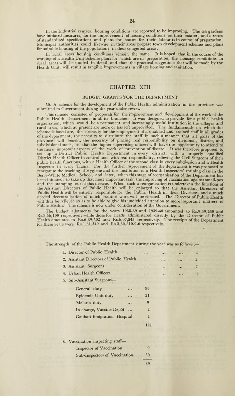 In the Industrial centres, housing conditions are reported to be improving. The tea gardens have initiated measures, for the improvement of housing conditions on their estates, and a series of standardised specifications and plans for houses for their labour is in course of preparation. Municipal authorities could likewise in their areas prepare town development schemes and plans for suitable housing of the populations in their congested areas. In rural areas housing conditions remain the same. It is hoped that in the course of the working of a Health Unit Scheme plans for which are in preparation, the housing conditions in rural areas will be studied in detail and that the practical suggestions that will be made by the Health Unit, will result in tangible improvements in village housing and sanitation. CHAPTER XIII BUDGET GRANTS 'FOR THE DEPARTMENT 50. A scheme for the development of the Public Health administration in the province was submitted to Government during the year under review. This scheme consisted of proposals for the improvement and development of the work of the Public Health Department in all its branches. It was designed to provide for a public health organisation, which would be a permanent and increasingly useful institution in the villages and rural areas, which at present are more or less left unprovided. The fundamentals on which this scheme is based are, the necessity for the employment of a qualified and trained staff in all grades of the department, the necessity to distribute the staff in such a manner that all parts of the province will benefit, the necessity of placing real responsibility on divisional, district, and subdivisional staffs, so that the higher supervising officers will have the opportunity to attend to the more improtant aspects of the work of prevention of disease. It was therefore proposed to set up a District Public Health Department in every district, with a properly qualified District Health Officer in control and with real responsibility, relieving the Civil Surgeons of their public health functions, with a Health Officer of the second class in every subdivision and a Health Inspector in every Thana. For the further improvement of the department it was proposed to reorganise the teaching of Hygiene and the institution of a Health Inspectors’ training class in the Berry-White Medical School, and later, when this stage of reorganisation of the Department has been initiated, to take up that most important task, the improving of vaccination against small-pox and the stamping out of this disease. When such a reorganisation is undertaken the functions of the Assistant Directors of Public Health will be enlarged so that the Assistant Directors of Public Health will be entirely responsible for the Public Health in their Divisions, and a much needed decentralisation of much routine work will be effected. The Director of Public Health will thus be relieved so as to be able to give his undivided attention to more important matters of Public Health. The scheme is now under consideration of the Government. The budget allotments for the years 1938-39 and 1939-40 amounted to Rs.9,49,450 and Rs.8.66,100 respectively while those for heads administered directly by the Director of Public Health amounted to Rs.6,89,502 and Rs.6,07,545 respectively. The receipts of the Department for these years were Rs.1,61,349 and Rs.2,32,810-9-6 respectively. The strength of the Public Health Department during the year was as follows :— 1. Director of Public Health 2. Assistant Directors of Public Health 3. Assistant Surgeons 4. Urban Health Officers 5. Sub-Assistant Surgeons— General duty ... 89 Epidemic Unit duty ... 21 Malaria duty ... 9 In charge, Vaccine Depot ... 1 Gauhati Emigration Hospital 1 121 1 2 7 9 6. Vaccination inspecting staff— Inspector of Vaccination ... 9 Sub-Inspectors of Vaccination 30 39
