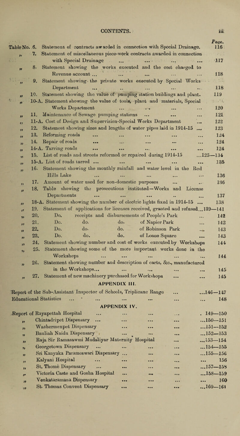 Table No. 6. 7. Paqe. 116 tt it It It tt It tt tt if tt « tt tt it )> ft it it it tt tt Statement of contracts awarded in connection with Special Drainage. Statement of miscellaneous piece-work contracts awarded in connection with Special Drainage ... ... 8* Statement showing the works executed and the cost charged to __ <. . 1 , i Revenue account ... 9. Statement showing- the private works executed by Special Works Department 10. Statement showing the value of pumping station buildings and plant. 10- A. Statement showing the value of tools, plant and materials, Special Works Department 11. Maintenance of Sewage pumping stations 11- A. Cost of Design and Supervision-Special Works Department 12. Statement showing sizes and lengths of water pipes laid in 1914-15 ... 18. Reforming roads 14. Repair of roads 14- A. Tarring roads 15. List of roads and streets reformed or repaired during 1914-15 15- A. List of roads tarred ... 16- Statement showing the monthly rainfall and water level in the Red Hills Lake ... ... ... ... ... 17. Amount of water used for non-domestic purposes 18. Table showing the prosecutions instituted—Works and License Departments 18-A. Statement showing the number of electric lights fixed in 1914-15 ... 19. Statement of applications for licenses received, granted and refused... 139—141 117 118 118 119 120 121 122 123 124 124 124 ...125—134 135 136 136 137 138 „ 20. Do. receipts and disbursements of People’s Park • • . 142 „ 21. Do. do. do. of Napier Park • • « 142 t> 22. Do. do- do. of Robinson Park 143 „ 23. Do. do. do. of Loane Square • • • 143 24. Statement showing number and cost of works executed by Workshops 144 25. Statement showing some of the more important works done in the Workshops ... ... ... ... ... 144 26. Statement showing number and description of carts, &c., manufactured in the Workshops... ... ... ... ... 145 27. Statement of new machinery purchased for Workshops ... ... 145 APPENDIX III. Report of the Sub-Assistant Inspector of Schools, Triplicane Range Educational Statistics ... APPENDIX IV. .Report of Rayapettah Hospital Chintadvipet Dispensary ... Washermenpet Dispensary Bauliah Naidu Dispensary * Raja Sir Ramasawmi Mudaliyar Maternity Hospital Georgetown Dispensary Sri Kanyaka Parameswari Dispensary ... Kalyani Hospital St. Thome Dispensary Victoria Caste and Gosha Hospital Venkataramana Dispensary )y St. Thomas Convent Dispensary tt a tt it a it it tt r 11 ...146—147 148 . 149—150 ...150—151 ...151—152 ...152—153 ...153—154 ...154—155 ...155—156 156 ...157—153 ...158—159 160 ...160—161