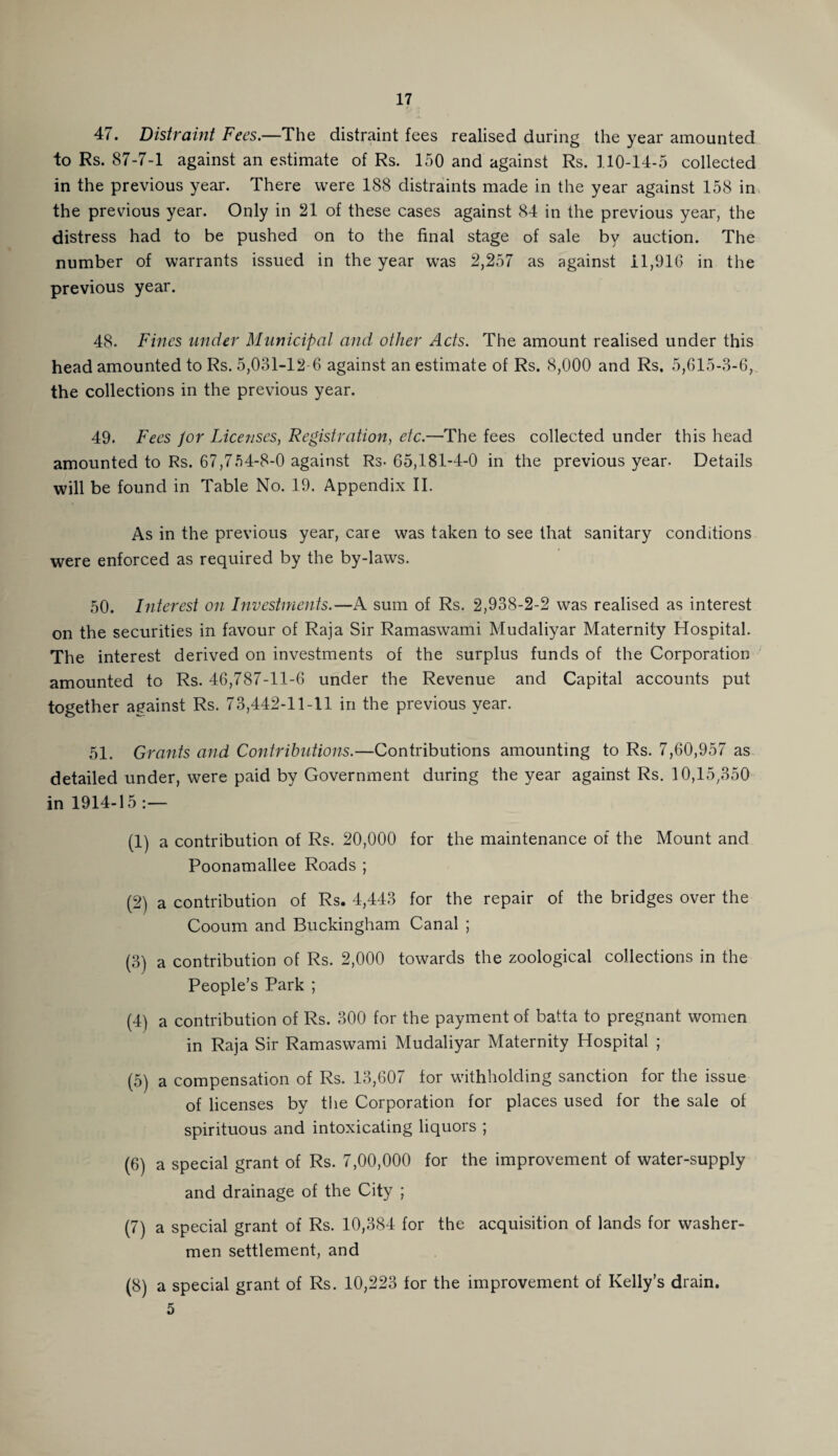 47. Distraint Fees.—The distraint fees realised during the year amounted to Rs. 87-7-1 against an estimate of Rs. 150 and against Rs. 110-14-5 collected in the previous year. There were 188 distraints made in the year against 158 in the previous year. Only in 21 of these cases against 84 in the previous year, the distress had to be pushed on to the final stage of sale by auction. The number of warrants issued in the year was 2,257 as against 11,916 in the previous year. 48. Fines under Municipal and other Ads. The amount realised under this head amounted to Rs. 5,031-12-6 against an estimate of Rs. 8,000 and Rs. 5,615-3-6, the collections in the previous year. 49. Fees Jor Licenses, Registration, etc.—The fees collected under this head amounted to Rs. 67,754-8-0 against Rs- 65,181-4-0 in the previous year. Details will be found in Table No. 19. Appendix II. As in the previous year, care was taken to see that sanitary conditions were enforced as required by the by-laws. 50. Interest on Investments.—A sum of Rs. 2,938-2-2 was realised as interest on the securities in favour of Raja Sir Ramaswami Mudaliyar Maternity Hospital. The interest derived on investments of the surplus funds of the Corporation amounted to Rs. 46,787-11-6 under the Revenue and Capital accounts put together against Rs. 73,442-11-11 in the previous year. 51. Grants and Contributions.—Contributions amounting to Rs. 7,60,957 as detailed under, were paid by Government during the year against Rs. 10,15,350 in 1914-15:— (1) a contribution of Rs. 20,000 for the maintenance of the Mount and Poonamallee Roads ; (2) a contribution of Rs. 4,443 for the repair of the bridges over the Cooum and Buckingham Canal ; (3) a contribution of Rs. 2,000 towards the zoological collections in the People’s Park ; (4) a contribution of Rs. 300 for the payment of batta to pregnant women in Raja Sir Ramaswami Mudaliyar Maternity Hospital ; (5) a compensation of Rs. 13,607 for withholding sanction for the issue of licenses by the Corporation for places used for the sale of spirituous and intoxicating liquors ; (6) a special grant of Rs. 7,00,000 for the improvement of water-supply and drainage of the City ; (7) a special grant of Rs. 10,384 for the acquisition of lands for washer¬ men settlement, and (8) a special grant of Rs. 10,223 for the improvement of Kelly’s drain. 5