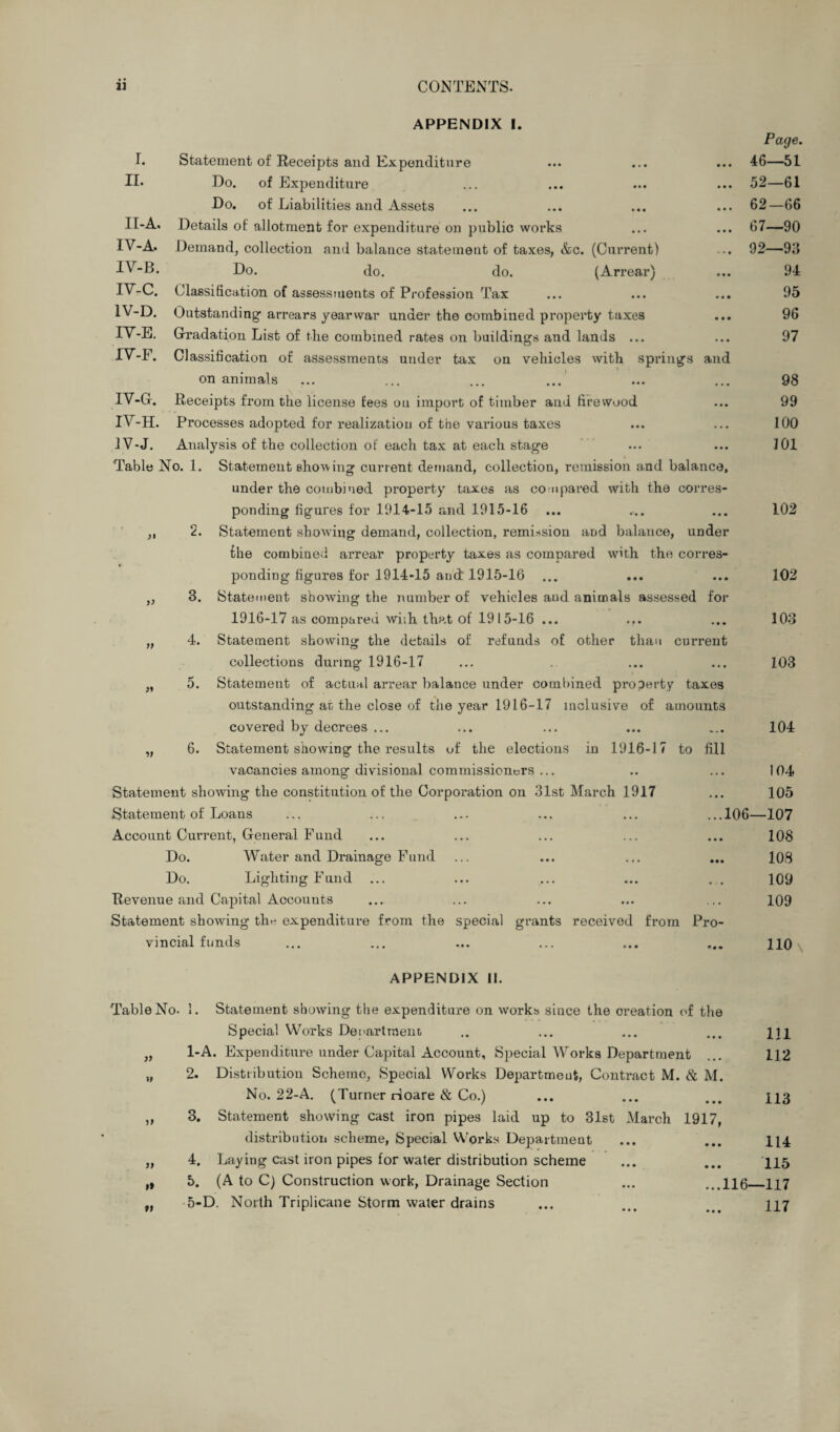 APPENDIX I. Page. T. Statement of Receipts and Expenditure ... ... ... 46—51 II* Do. of Expenditure ... ... ... ... 52—61 Do. of Liabilities and Assets ... ... ... ... 62—66 ILA. Details of allotment for expenditure on public works ... ... 67—90 IV-A. Demand, collection and balance statement of taxes, &c. (Current) ... 92—93 IV-B. Do. do. do. (Arrear) ... 94 I^~C. Classification of assessments of Profession Tax ... ... ... 95 IV-D. Outstanding arrears yearwar under the combined property taxes ... 96 IV-E. Gradation List of the combined rates on buildings and lands ... ... 97 FVF. Classification of assessments under tax on vehicles with springs and on animals ... ... ... ... ... ... 98 TV-G. Receipts from the license fees ou import of timber and firewood ... 99 IV-H. Processes adopted for realization of the various taxes ... ... 100 1V-J. Analysis of the collection of each tax at each stage ... ... 101 Table No. 1. Statement showing current demand, collection, remission and balance, under the combined property taxes as compared with the corres¬ ponding figures for 1914-15 and 1915-16 2. Statement showing demand, collection, remission and balance, under the combined arrear property taxes as compared with the corres¬ ponding figures for 1914-15 and 1915-16 3. Statement showing the number of vehicles and animals assessed for 1916-17 as compared wiih that of 1915-16 ... 4. Statement showing the details of refunds of other than current collections during 1916-17 5. Statement of actual arrear balance under combined property taxes outstanding at the close of the year 1916-17 inclusive of amounts covered by decrees ... 6. Statement showing the results of the elections in 1916-17 to fill vacancies among divisional commissioners ... Statement showing the constitution of the Corporation on 31st March 1917 Statement of Loans Account Current, General Fund Do. Water and Drainage Fund Do. Lighting Fund Revenue and Capital Accounts Statement showing the expenditure from the special grants received from Pro vincial funds >• » ii V 102 102 103 103 104 104 105 ...106—107 108 108 109 109 110 APPENDIX 11. Table No. » ■>} n i» »» 1. Statement showing the expenditure on works since the creation of the Special Works Department .. ... ... ... ui 1-A. Expenditure under Capital Account, Special Works Department ... 112 2. Distribution Scheme, Special Works Department Contract M. & M. No. 22-A. (Turner Hoare & Co.) ... ... ... 113 3. Statement showing cast iron pipes laid up to 31st March 1917, distribution scheme, Special Works Department ... ... 114 4. Laying cast iron pipes for water distribution scheme ... ... 115 5. (A to C) Construction work, Drainage Section ... ...116_117 5-D. North Triplicane Storm water drains ... ... _ 117