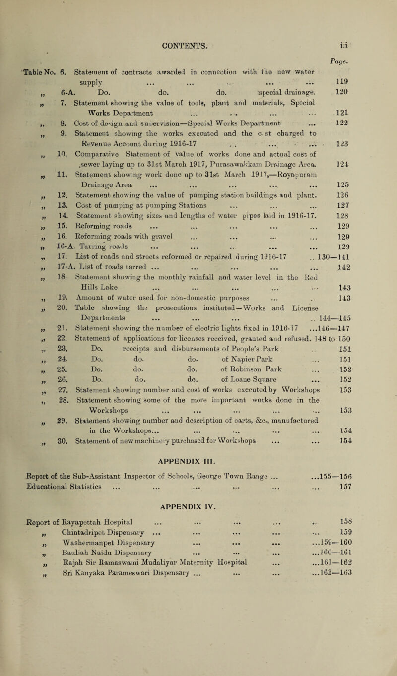 Page. Table No. 6 tt ti tt tv ft tt tt tt tt it a it tt it tt it it tt it Statement of contracts awarded in connection with the new wafer supply ... ... ... ... ... 119 6-A. Do. do. do. special drainage. 120 7. Statement showing the value of tools, plant and materials, Special Works Department ... . . ... • •• 121 8. Cost of design and. supervision—Special Works Department ... 122 9. Statement showing the works executed and the c st charged to Revenue Account during 1916-17 ... ... ... • 123 10. Comparative Statement of value of works done and actual cost; of .sewer laying up to 31st March 1917, Purasawakkam Drainage Area. 124 llo Statement showing work done up to 31st March 1917,—Royapuram Drainage Area ... ... ... ... ... 125 12. Statement showing the value of pumping station buildings and plant. 126 13. Cost of pumping at pumping Stations ... ... ... 127 14. Statement showing sizes and lengths of water pipes laid in 1916-17. 128 15. Reforming roads ... ... ... ... ... 129 16. Reforming roads with gravel ... ... ... ... 129 16- A. Tarring roads ... ... ... ... ... 129 17. List of roads and streets reformed or repaired during 1916-17 .. 130—141 17- A. List of roads tarred ... ... ... ... ... 142 18- Statement showing the monthly rainfall and water level in the Red Hills Lake ... ... ... ... ... 143 19. Amount of water used for non-domestic purposes ... .. 143 20. Table showing the prosecutions instituted —Works and License Departments ... ... ... ..144—145 21. Statement showing the number of electric lights fixed in 1916-1 7 ...146—147 22. Statement of applications for licenses received, granted and refused. 148 to 150 tl 23. Do. receipts and disbursements of People’s Park 151 it 24. Do. do. do. of Napier Park 151 tt 25. Do. do. do. of Robinson Park 152 tt 26. Do. do. do. of Loane Square 152 a 27. Statement showing number and cost of works executed by Workshops 153 it 28. Statement showing some of the more important works done in the 29. 30. Workshops ... ... ... ... ... 153 Statement showing number and description of carts, &c., manufactured in the Workshops... ... ... ... ... 1.54 Statement of new machinery purchased for Workshops ... ... 154 APPENDIX III. Report of the Sub-Assistant Inspector of Schools, George Town Range ... Educational Statistics ...155—156 157 APPENDIX IV. Report of Rayapettah Hospital • « • 158 )} Chintadripet Dispensary 159 ,, Washermanpet Dispensary ...159—160 „ Bauliah Naidu Dispensary ...160—161 „ Rajah Sir Ramaswami Mudaliyar Maternity Hospital • • • ...161—162 „ Sri Kanyaka Parameswari Dispensary ... • • • ...162—163