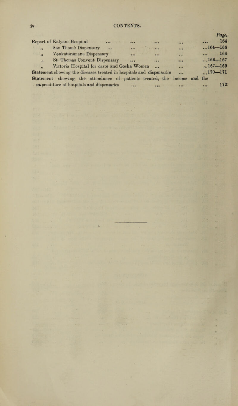 Report of Kalyani Hospital „ San Thome Dispensary ... ... . ... Venkataramana Dispensary St. Thomas Convent Dispensary Victoria Hospital for caste and Gosha Women Statement showing the diseases treated in hospitals and dispensaries Statement showing the attendance of patients treated, the income expenditure of hospitals and dispensaries J.' Page,. 164 ...164—166 166 ...166—167 ...167—169 ...170—171 and the 172'