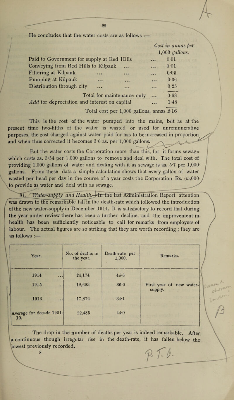 He concludes that the water costs are as follows :— Paid to Government for supply at Red Hills Conveying from Red Hills to Kilpauk Filtering at Kilpauk Pumping at Kilpauk Distribution through city Total for maintenance only Add for depreciation and interest on capital Cost in annas per 1,000 gallons. 0-01 0*01 .. 0*05 0-36 0*25 0-68 1-48 Total cost per 1,000 gallons, annas 2T6 This is the cost of the water pumped into the mains, but as at the present time two-fifths of the water is wasted or used for unremunerative purposes, the cost charged against water paid for has to be increased in proportion and when thus corrected it becomes 3*6 as. per 1,000 gallons. But the water costs the Corporation more than this, for it forms sewage which costs as. 3*54 per 1,000 gallons to remove and deal with. The total cost of providing 1,000 gallons of water and dealing with it as sewage is as. 5*7 per 1,000’ gallons. From these data a simple calculation shows that every gallon of water wasted per head per day in the course of a year costs the Corporation Rs. 65,000 to provide as water and deal with as sewage. 81. Water-supply and Report attention was drawn to the remarkable fall in the death-rate which followed the introduction of the new water-supply in December 1914. It is satisfactory to record that during the year under review there has been a further decline, and the improvement in health has been sufficiently noticeable to call for remarks from employers of labour. The actual figures are so striking that they are worth recording ; they are as follows :— Year. No. of deaths in the year. Death-rate per 1,000. Remarks. 1914 24,174 46*6 1915 18,683 36*0 First year of new supply. 1916 17,872 34*4 Average for decade 1901- 22,485 44*0 10. The drop in the number of deaths per year is indeed remarkable. After a continuous though irregular rise in the death-rate, it has fallen below the lowest previously recorded. 8