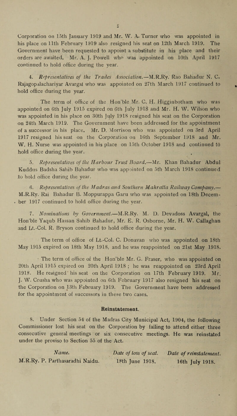 his place on 11th February 1919 also resigned his seat on 12th March 1919. The Government have been requested to appoint a substitute in his place and their orders are awaited. Mr. A. J. Powell who was appointed on 10th April 1917 continued to hold office during the year. 4. Representatives of the Trades Association.—M.R.Ry. Rao Bahadur N. C. Rajagopalachariyar Avargal who was appointed on 27th March 1917 continued to hold office during the year. The term of office of the Hon'ble Mr. C. H. Higginbotham who was appointed on 6th July 1915 expired on 6th July 1918 and Mr. H. W. Wilson who was appointed in his place on 30th July 1918 resigned his seat on the Corporation on 24th March 1919. The Government have been addressed for the appointment of a successor in his place. Mr. D. Morrison who was appointed on 3rd April 1917 resigned his seat on the Corporation on 16th September 1918 and Mr. W. H. Nurse was appointed in his place on 15th October 1918 and continued to hold office during the year. 5. Representatives of the Harbour Trust Board.—Mr. Khan Bahadur Abdul Kuddus Badsha Sahib Bahadur who was appointed on 5th March 1918 continued .to hold office during the year. 6. Representatives of the Madras and Southern Mahratta Railway Company.— M.R.Ry. Rai Bahadur B. Moppurappa Garu who was appointed on 18th Decem- . ber 1917 continued to hold office during the year. 7. Nominations by Government.—M.R.Ry. M. D. Devadoss Avargal, the Hon’ble Yaqub Hassan Sahib Bahadur, Mr. E. R. Osborne, Mr. H. W. Callaghan and Lt.-Coi. R. Bryson continued to hold office during the year. The term of office of Lt.-Col. C. Donavan who was appointed on 18th May 1915 expired on 18th May 1918, and he was reappointed on 21st May 1918. • The term of office of the Hon’ble Mr. G. Fraser, who was appointed on 20th April 1915 expired on 20th April 1918 ; he was reappointed on 23rd April 1918. He resigned his seat on the Corporation on 17th February 1919. Mr. J. W. Crusha who was appointed on 6th February 1917 also resigned his seat on the Corporation on 13th February 1919. The Government have been addressed for the appointment of successors in these two cases. Reinstatement. 8. Under Section 54 of the Madras City Municipal Act, 1904, the following Commissioner lost his seat on the Corporation by failing to attend either three consecutive general meetings or six consecutive meetings. He was reinstated under the proviso to Section 55 of the Act. Name. Date of loss of seat. Date of reinstatement. M.R.Ry. P. Parthasaradhi Naidu. 18th June 1918. 16th July 1918.