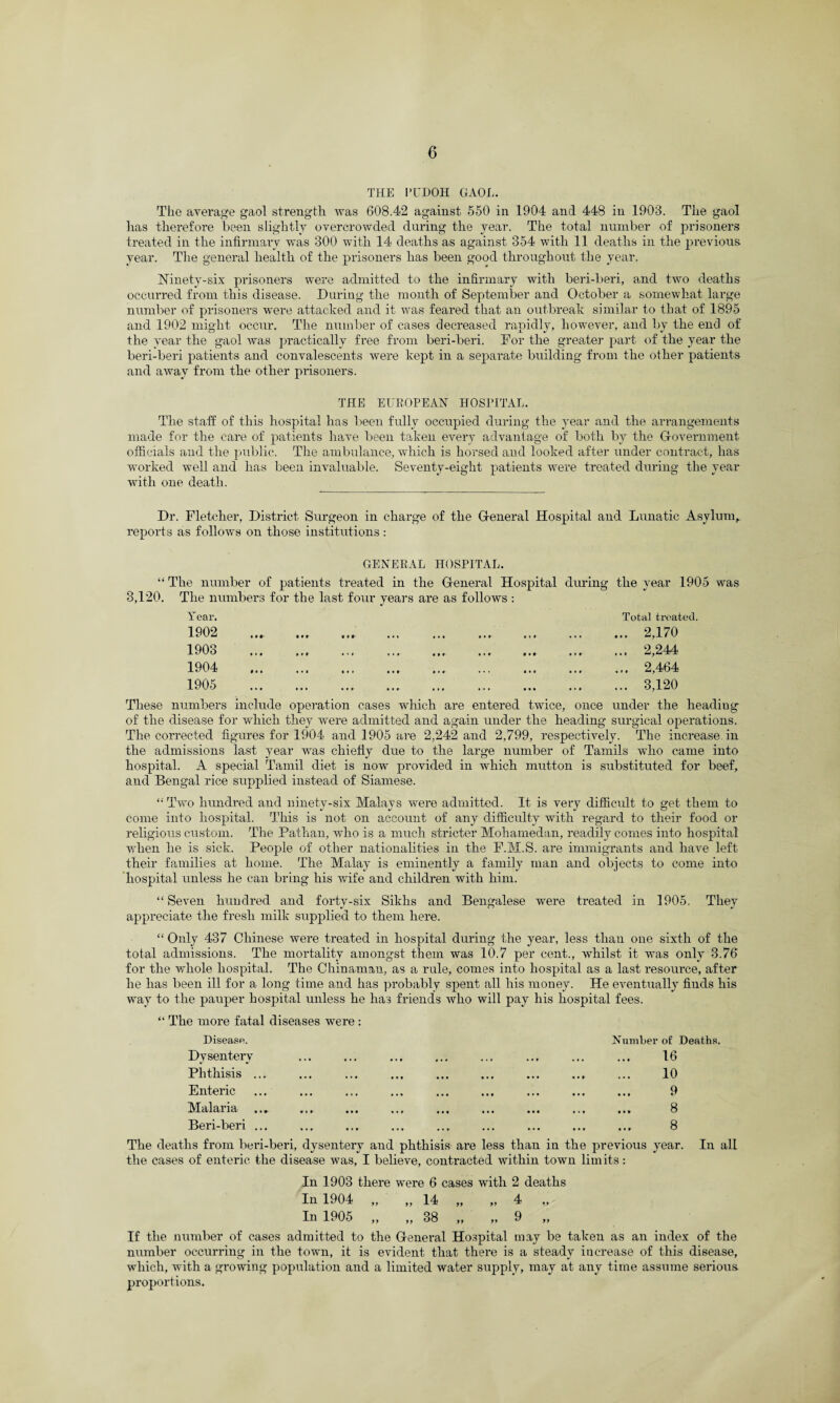 THE ITDOH GAOL. The average gaol strength was 608.42 against 550 in 1904 and 448 in 1903. The gaol has therefore been slightly overcrowded during the year. The total number of prisoners treated in the infirmary was 300 with 14 deaths as against 354 with 11 deaths in the previous year. The general health of the prisoners has been good throughout the year. Ninety-six prisoners were admitted to the infirmary with beri-beri, and two deaths occurred from this disease. During the month of September and October a somewhat large number of prisoners were attached and it was feared that an outbreak similar to that of 1895 and 1902 might occur. The number of cases decreased rapidly, however, and by the end of the year the gaol was practically free from beri-beri. For the greater part of the year the beri-beri patients and convalescents were kept in a separate building from the other patients and away from the other prisoners. THE EUROPEAN HOSPITAL. The staff of this hospital has been fully occupied during the year and the arrangements made for the care of patients have been taken every advantage of both by the Government officials and the public. The ambulance, which is horsed and looked after under contract, has worked well and has been invaluable. Seventy-eight patients were treated during the year with one death. Dr. Fletcher, District Surgeon in charge of the General Hospital and Lunatic Asylum, reports as follows on those institutions : GENERAL HOSPITAL. “ The number of patients treated in the General Hospital during the year 1905 was 3,120. The numbers for the last four years are as follows : Year. 1902 1903 1904 1905 Total treated. .. 2,170 .. 2,244 .. 2,464 .. 3,120 These numbers include operation cases which are entered twice, once under the headiug of the disease for which they were admitted and again under the heading surgical operations. The corrected figures for 1904 and 1905 are 2,242 and 2,799, respectively. The increase in the admissions last year was chiefly due to the large number of Tamils who came into hospital. A special Tamil diet is now provided in which mutton is substituted for beef, and Bengal rice supplied instead of Siamese. “Two hundred and ninety-six Malays were admitted. It is very difficult to get them to come into hospital. This is not on account of any difficulty with regard to their food or religious custom. The Pathan, who is a much stricter Mohamedan, readily comes into hospital when he is sick. People of other nationalities in the F.M.S. are immigrants and have left their families at home. The Malay is eminently a family man and objects to come into hospital unless he can bring his wife and children with him. “ Seven hundred and forty-six Sikhs and Bengalese were treated in 1905. They appreciate the fresh milk supplied to them here. “ Only 437 Chinese were treated in hospital during the year, less than one sixth of the total admissions. The mortality amongst them was 10.7 per cent., whilst it was only 3.76 for the whole hospital. The Chinaman, as a rule, comes into hospital as a last resource, after he has been ill for a long time and has probably spent all his money. He eventually finds his way to the pauper hospital unless he has friends who will pay his hospital fees. “ The more fatal diseases were : Disease. Number of Deaths. Dysentery Phthisis ... Enteric Malaria ... Beri-beri ... 16 10 9 8 8 The deaths from beri-beri, dysentery and phthisis are less than in the previous year. In all the cases of enteric the disease was, I believe, contracted within town limits: In 1903 there were 6 cases with 2 deaths In 1904 „ „ 14 „ „ 4 „ In 1905 „ „ 38 „ „ 9 „ If the number of cases admitted to the General Hospital may be taken as an index of the number occurring in the town, it is evident that there is a steady increase of this disease, which, with a growing population and a limited water supply, may at any time assume serious proportions.