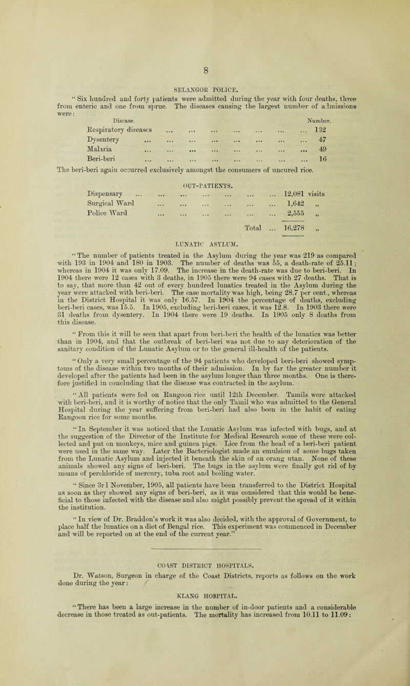 SELANGOR POLICE. “ Six hundred and forty patients were admitted during the year with four deaths, three from enteric and one from sprue. The diseases causing the largest number of admissions were: Disease. Eespiratory diseases Dysentery Malaria Beri-beri Number. 132 47 49 . 16 The beri-beri again occurred exclusively amongst the consumers of uncured rice. Dispensary Surgical Ward Police Ward OUT-PATIENTS. Total 12,081 visits 1,642 „ 2,555 „ 16,278 „ LUNATIC ASYLUM. “ The number of patients treated in the Asylum during the year was 219 as compared with 193 in 1904 and 180 in 1903. The number of deaths was 55, a death-rate of 25.11; whereas in 1904 it was only 17.09. The increase in the death-rate was due to beri-beri. In 1904 there were 12 cases with 3 deaths, in 1905 there were 94 cases with 27 deaths. That is to sav, that more than 42 out of every hundred lunatics treated in the Asylum during the year were attacked with beri-beri. The case mortality was high, being 28.7 per cent., whereas in the District Hospital it was only 16.57. In 1904 the percentage of deaths, excluding beri-beri cases, was 15.5. In 1905, excluding beri-beri cases, it was 12.8. In 1903 there were 31 deaths from dysentery. In 1904 there were 19 deaths. In 1905 only 8 deaths from this disease. “ Prom this it will be seen that apart from beri-beri the health of the lunatics was better than in 1904, and that the outbreak of beri-beri was not due to any deterioration of the sanitary condition of the Lunatic Asylum or to the general ill-health of the patients. “ Only a very small percentage of the 94 patients who developed beri-beri showed symp¬ toms of the disease within two months of their admission. In by far the greater number it developed after the patients had been in the asylum longer than three months. One is there¬ fore justified in concluding that the disease was contracted in the asylum. “ All patients were fed on Eangoon rice until 12th December. Tamils were attacked with beri-beri, and it is worthy of notice that the only Tamil who was admitted to the General Hospital during the year suffering from beri-beri had also been in the habit of eating Eangoon rice for some months. “ In September it was noticed that the Lunatic Asylum was infected with bugs, and at the suggestion of the Director of the Institute for Medical Eesearch some of these were col¬ lected and put on monkeys, mice and guinea pigs. Lice from the head of a beri-beri patient were used in the same way. Later the Bacteriologist made an emulsion of some bugs taken from the Lunatic Asylum and injected it beneath the skin of an orang utan. Hone of these animals showed any signs of beri-beri. The bugs in the asylum were finally got rid of by means of perchloride of mercury, tuba root and boiling water. “ Since 3rl November, 1905, all patients have been transferred to the District Hospital as soon as they showed any signs of beri-beri, as it was considered that this would be bene¬ ficial to those infected with the disease and also might possibly prevent the spread of it within the institution. “ In view of Dr. Braddon’s work it was also decided, with the approval of Government, to place half the lunatics on a diet of Bengal rice. This experiment was commenced in December and will be imported on at the end of the current year.” CO 4ST DISTRICT HOSPITALS. Dr. Watson, Surgeon in charge of the Coast Districts, reports as follows on the work done during the year : KLANG HOSPITAL. “ There has been a large increase in the number of in-door patients and a considerable decrease in those treated as out-patients. The mortality lias increased from 10.11 to 11.09: