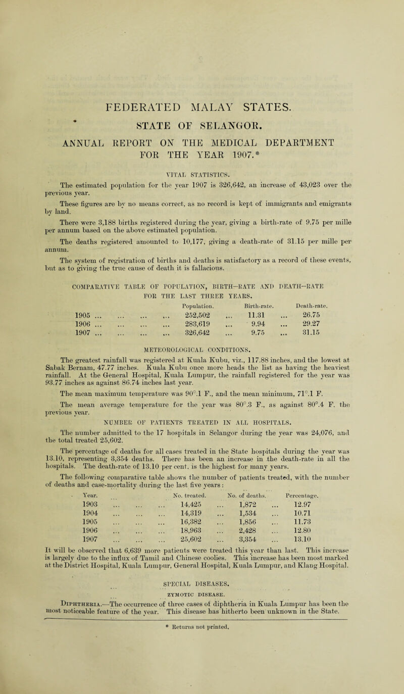 FEDERATED MALAY STATES. STATE OF SELANGOR. ANNUAL REPORT ON THE MEDICAL DEPARTMENT FOR THE YEAR 1907.* VITAL STATISTICS. The estimated population for the year 1907 is 326,642, an increase of 43,023 over the previous year. These figures are by no means correct, as no record is kept of immigrants and emigrants bv land. There were 3,188 births registered during the year, giving a birth-rate of 9.75 per mille per annum based on the above estimated population. The deaths registered amounted to 10,177, giving a death-rate of 31.15 per mille per annum. The system of registration of births and deaths is satisfactory as a record of these events, but as to giving the true cause of death it is fallacious. COMPARATIVE TABLE OF POPULATION, BIRTH-RATE AND DEATH-RATE FOR THE LAST THREE YEARS. Population. BirtR-rate. Deatli-rate. 1905 . . 252,502 11.31 26.75 1906 . 283,619 9.94 29.27 1907 . . 326,642 9.75 31.15 METEOROLOGICAL CONDITIONS. The greatest rainfall was registered at Kuala Kubu, viz., 117.88 inches, and the lowest at Sabak Bernam, 47.77 inches. Kuala Kubu once more heads the list as having the heaviest rainfall. At the General Hospital, Kuala Lumpur, the rainfall registered for the year was 93.77 inches as against 86.74 inches last year. The mean maximum temperature was 90°.1 F., and the mean minimum, 71°.l F. The mean average temperature for the year was 80°.3 F., as against 80°.4 F. the previous year. NUMBER OF PATIENTS TREATED IN ALL HOSPITALS. The number admitted to the 17 hospitals in Selangor during the year was 24,076, and the total treated 25,602. The percentage of deaths for all cases treated in the State hospitals during the year was 13.10, representing 3,354 deaths. There has been an increase in the death-rate in all the hospitals. The death-rate of 13.10 per cent, is the highest for many years. The following comparative table shows the number of patients treated, with the number of deaths and case-mortality during the last five years: Year. No. treated. No. of deaths. Percentage. 1903 ”... . 14,425 1,872 12.97 1904 . 14,319 1,534 10.71 1905 . 16,382 1,856 11.73 1906 . 18,963 2,428 12.80 1907 . 25,602 3,354 13.10 It will be observed that 6,639 more patients were treated this year than last. This increase is largely due to the influx of Tamil and Chinese coolies. This increase has been most marked at the District Hospital, Kuala Lumpur, General Hospital, Kuala Lumpur, and Klaug Hospital. SPECIAL DISEASES. ZYMOTIC DISEASE. Diphtheria.—The occurrence of three cases of diphtheria in Kuala Lumpur has been the most noticeable feature of the year. This disease has hitherto been unknown in the State. * Returns not printed.