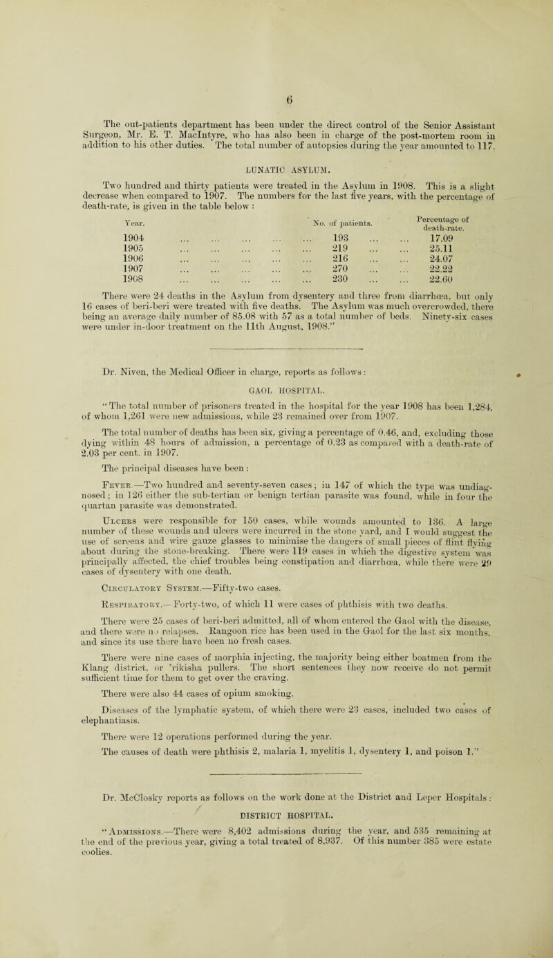 The out-patients department has been under the direct control of the Senior Assistant Surgeon, Mr. E. T. MacIntyre, who has also been in charge of the post-mortem room in addition to his other duties. The total number of autopsies during the year amounted to 117. LUNATIC ASYLUM. Two hundred and thirty patients were treated in the Asylum in 1908. This is a slight decrease when compared to 1907. The numbers for the last five years, with the percentage of death-rate, is given in the table below : Year. 1904 1905 1906 1907 1908 No. of patients. 193 219 216 270 230 Percentage of death-rate. 17.09 25.11 24.07 22.22 22.60 There were 24 deaths in the Asylum from dysentery and three from diarrhoea, but only 16 eases of beri-beri were treated with five deaths. The Asylum was much overcrowded, there being an average daily number of 85.08 with 57 as a total number of beds. Ninety-six cases were under in-door treatment on the 11th August, 1908.” Dr. Niven, the Medical Officer in charge, reports as follows : GAOL HOSPITAL. “ The total number of prisoners treated in the hospital for the year 1908 has been 1.284, of whom 1,261 were new admissions, while 23 remained over from 1907. The total number of deaths has been six, giving a percentage of 0.46, and, excluding those dying within 48 hours of admission, a percentage of 0.23 as compared with a death-rate of 2.03 per cent, in 1907. The principal diseases have been : Fever.—Two hundred and seventy-seven cases; in 147 of which the type was undiag¬ nosed ; in 126 either the sub-tertian or benign tertian parasite was found, while in four the quartan parasite was demonstrated. Ulcers were responsible for 150 cases, while wounds amounted to 136. A large number of these wounds and ulcers were incurred in the stone yard, and I would suggest the use of screens and wire gauze glasses to minimise the dangers of small pieces of flint flying about during the stone-breaking. There were 119 cases in which the digestive system was principally affected, the chief troubles being constipation and diarrhoea, while there were 29 cases of dysentery with one death. Circulatory System.—Fifty-two cases. Respiratory.— Forty-two, of which 11 were cases of phthisis with two deaths. There were 25 cases of beri-beri admitted, all of whom entered the Gaol with the disease, and there were n > relapses. Rangoon rice has been used in the Gaol for the last six months, and since its use there have been no fresh cases. There were nine cases of morphia injecting, the majority being either boatmen from the Klang district, or ’rikisha pullers. The short sentences they now receive do not permit sufficient time for them to get over the craving. There were also 44 cases of opium smoking. Diseases of the lymphatic system, of which there were 23 cases, included two cases of elephantiasis. There were 12 operations performed during the year. The causes of death were phthisis 2, malaria 1, myelitis 1, dysentery 1, and poison 1.” Dr. McClosky reports as follows on the work done at the District and Leper Hospitals: DISTRICT HOSPITAL. “ Admissions.—There were 8,402 admissions during the year, and 535 remaining at the end of the previous year, giving a total treated of 8,937. Of this number 385 were estate coolies.