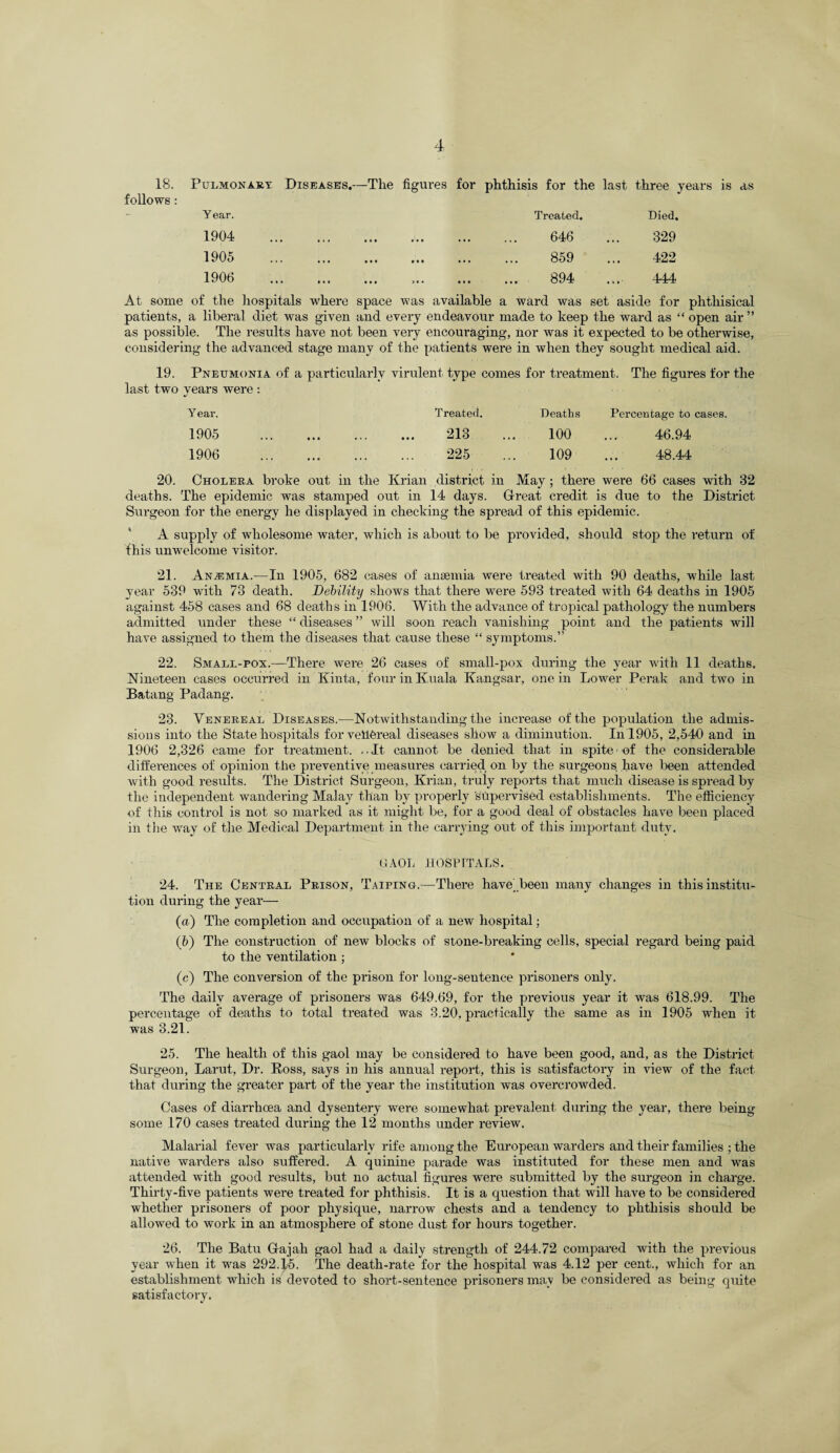 18. Pulmonary follows: Year. Diseases.-—The figures for phthisis for the last Treated. three y< Died. 1904 • ■ • » ••• •i* ... ... 646 329 1905 ••§ ••• ••• . 859 422 1906 • •»• ••• )i• . 894 \\A, V JCJL? At some of the hospitals where space was available a ward was set aside for phthisical patients, a liberal diet was given and every endeavour made to keep the ward as “ open air ” as possible. The results have not been very encouraging, nor was it expected to be otherwise, considering the advanced stage many of the patients were in when they sought medical aid. 19. Pneumonia of a particularly virulent type comes for treatment. The figures for the last two vears were : 4/ Y ear. Treated. Deaths Percentage to cases. 1905 • • • • * . 213 100 46.94 1906 . 225 109 ... 48.44 20. Cholera broke out in the Krian district in May ; there were 66 cases with 32 deaths. The epidemic was stamped out in 14 days. (Treat credit is due to the District Surgeon for the energy he displayed in checking the spread of this epidemic. A supply of wholesome water, which is about to be provided, should stop the return of this unwelcome visitor. 21. Anemia.—In 1905, 682 cases of anaemia were treated with 90 deaths, while last year 589 with 73 death. Debility shows that there were 593 treated with 64 deaths in 1905 against 458 cases and 68 deaths in 1906. With the advance of tropical pathology the numbers admitted under these “ diseases ” will soon reach vanishing point and the patients will have assigned to them the diseases that cause these “ symptoms.” 22. Small-pox.—There were 26 cases of small-pox during the year with 11 deaths. Nineteen eases occurred in Kinta, four in Kuala Kangsar, one in Loiver Perak and two in Batang Padang. 23. Venereal Diseases.—Notivithstanding the increase of the population the admis¬ sions into the State hospitals forveliOreal diseases show a diminution. In 1905, 2,540 and in 1906 2,326 came for treatment. ..It cannot be denied that in spite of the considerable differences of opinion the preventive measures carried on by the surgeons have been attended with good results. The District Surgeon, Krian, truly reports that much disease is spread by the independent wandering Malay than by properly supervised establishments. The efficiency of this control is not so marked as it might be, for a good deal of obstacles have been placed in the way of the Medical Department in the carrying out of this important duty. GAOL HOSPITALS. 24. The Central Prison, Tailing.—There have been many changes in this institu¬ tion during the year— (a) The completion and occupation of a new hospital; (b) The construction of new blocks of stone-breaking cells, special regard being paid to the ventilation ; (c) The conversion of the prison for long-sentence prisoners only. The daily average of prisoners was 649.69, for the previous year it was 618.99. The percentage of deaths to total treated was 3.20, practically the same as in 1905 when it was 3.21. 25. The health of this gaol may be considered to have been good, and, as the District Surgeon, Larut, Dr. Ross, says in his annual report, this is satisfactory in view of the fact that during the greater part of the year the institution was overcroAvded. Cases of diarrhoea and dysentery were somewhat prevalent during the year, there being some 170 cases treated during the 12 months under revieAv. Malarial fever was particularly rife among the European warders and their families ; the native warders also suffered. A quinine parade was instituted for these men and was attended Avith good results, but no actual figures were submitted by the surgeon in charge. Thirty-five patients were treated for phthisis. It is a question that will have to be considered whether prisoners of poor physique, narrow chests and a tendency to phthisis should be alloAved to work in an atmosphere of stone dust for hours together. 26. The Batu G-ajah gaol had a daily strength of 244.72 compared with the previous year when it was 292.15. The death-rate for the hospital was 4.12 per cent., which for an establishment which is devoted to short-sentence prisoners may be considered as being quite satisfactory.