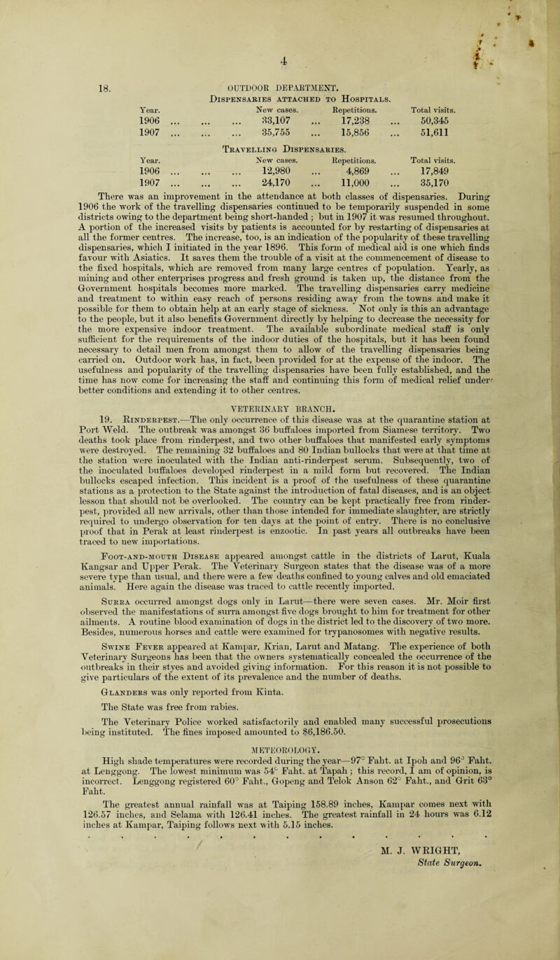 18. Year. 1906 1907 Year. 1906 1907 OUTDOOR DEPARTMENT. Dispensaries attached to Hospitals. New cases. Repetitions. Total visits. 83,107 ... 17,238 ... 50,345 35,755 ... 15,856 ... 51,611 Travelling Dispensaries. New cases. Repetitions. Total visits. 12,980 ... 4,869 ... 17,849 24,170 ... 11,000 ... 35,170 There was an improvement in the attendance at both classes of dispensaries. During 1906 the work of the travelling dispensaries continued to be temporarily suspended in some districts owing to the department being short-handed ; but in 1907 it was resumed throughout. A portion of the increased visits by patients is accounted for by restarting of dispensaries at all the former centres. The increase, too, is an indication of the popularity of these travelling dispensaries, which I initiated in the year 1896. This form of medical aid is one which finds favour with Asiatics. It saves them the trouble of a visit at the commencement of disease to the fixed hospitals, which are removed from many large centres of population. Yearly, as mining and other enterprises progress and fresh ground is taken up, the distance from the Government hospitals becomes more marked. The travelling dispensaries carry medicine and treatment to within easy reach of persons residing away from the towns and make it possible for them to obtain help at an early stage of sickness. Hot only is this an advantage to the people, but it also benefits Government directly by helping to decrease the necessity for the more expensive indoor treatment. The available subordinate medical staff is only sufficient for the requirements of the indoor duties of the hospitals, but it has been found necessary to detail men from amongst them to allow of the travelling dispensaries being carried on. Outdoor work has, in fact, been provided for at the expense of the indoor. The usefulness and popularity of the travelling dispensaries have been fully established, and the time has now come for increasing the staff and continuing this form of medical relief under* better conditions and extending it to other centres. VETERINARY BRANCH. 19. Rinderpest.—The only occurrence of this disease was at the quarantine station at Port Weld. The outbreak was amongst 36 buffaloes imported from Siamese territory. Two deaths took place from rinderpest, and two other buffaloes that manifested early symptoms were destroyed. The remaining 32 buffaloes and 80 Indian bullocks that were at that time at the station were inoculated with the Indian anti-rinderpest serum. Subsequently, two of the inoculated buffaloes developed rinderpest in a mild form but recovered. The Indian bullocks escaped infection. This incident is a proof of the usefulness of these quarantine stations as a protection to the State against the introduction of fatal diseases, and is an object lesson that should not be overlooked. The country can be kept practically free from rinder¬ pest, provided all new arrivals, other than those intended for immediate slaughter, are strictly required to undergo observation for ten days at the point of entry. There is no conclusive proof that in Perak at least rinderpest is enzootic. In past years all outbreaks have been traced to new importations. Foot-and-mouth Disease appeared amongst cattle in the districts of Larut, Kuala Kangsar and Upper Perak. The Veterinary Surgeon states that the disease was of a more severe type than usual, and there were a, few deaths confined to young calves and old emaciated animals. Here again the disease was traced to cattle recently imported. Surra occurred amongst dogs only in Larut—there were seven cases. Mr. Moir first observed the manifestations of surra amongst five dogs brought to him for treatment for other ailments. A routine blood examination of dogs in the district led to the discovery of two more. Besides, numerous horses and cattle were examined for trypanosomes with negative results. Swine Fever appeared at Kampar, Krian, Larut and Matang. The experience of both Veterinary Surgeons lias been that the owners systematically concealed the occurrence of the outbreaks in their styes and avoided giving information. For this reason it is not possible to give particulars of the extent of its prevalence and the number of deaths. Glanders was only reported from Kinta. The State was free from rabies. The Veterinary Police worked satisfactorily and enabled many successful prosecutions being instituted. The fines imposed amounted to 86,186.50. METEOROLOGY. High shade temperatures were recorded during the year—97° Faht. at Ipoli and 96° Falit. at Lenggong. The lowest minimum was 54° Faht. at Tapah ; this record, I am of opinion, is incorrect. Lenggong registered 60° Faht., Gopeng and Telok Anson 62° Faht., and Grit 63° Faht. The greatest annual rainfall was at Taiping 158.89 inches, Kampar comes next with 126.57 inches, and Selama with 126.41 inches. The greatest rainfall in 24 hours was 6.12 inches at Kampar, Taiping follows next with 5.15 inches. M. J. WRIGHT, State Surgeon.