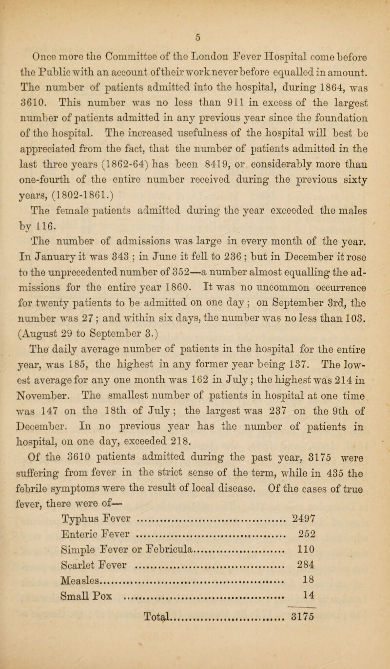 Once more the Committee of the London Fever Hospital come before the Public with an account of their work never before equalled in amount. The number of patients admitted into the hospital, during 1864, was 3610. This number Avas no less than 911 in excess of the largest number of patients admitted in any previous year since the foundation of the hospital. The increased usefulness of the hospital will best bo appreciated from the fact, that the number of patients admitted in the last three years (1862-64) has been 8419, or considerably more than one-fourth of the entire number received during the previous sixty years, (1802-1861.) The female patients admitted during the year exceeded the males by 116. The number of admissions was large in every month of the year. In January it was 343 ; in June it fell to 236 ; but in December it rose to the unprecedented number of 352—a number almost equalling the ad¬ missions for the entire year 1860. It was no uncommon occurrence for twenty patients to be admitted on one day; on September 3rd, the number was 27 ; and within six days, the number was no less than 103. (August 29 to September 3.) The daily average number of patients in the hospital for the entire year, was 185, the highest in any former year being 137. The low¬ est average for any one month was 162 in July ; the highest was 214 in November. The smallest number of patients in hospital at one time Avas 147 on the 18th of July; the largest was 237 on the 9th of December. In no previous year has the number of patients in hospital, on one day, exceeded 218. Of the 3610 patients admitted during the past year, 3175 were suffering from fever in the strict sense of the term, while in 435 the febrile symptoms were the result of local disease. Of the cases of true fever, there were of— Typhus Fever . 2497 Enteric Fever . 252 Simple Fever or Febricula. 110 Scarlet Fever . 284 Measles. 18 Small Fox . 14 Total 3175