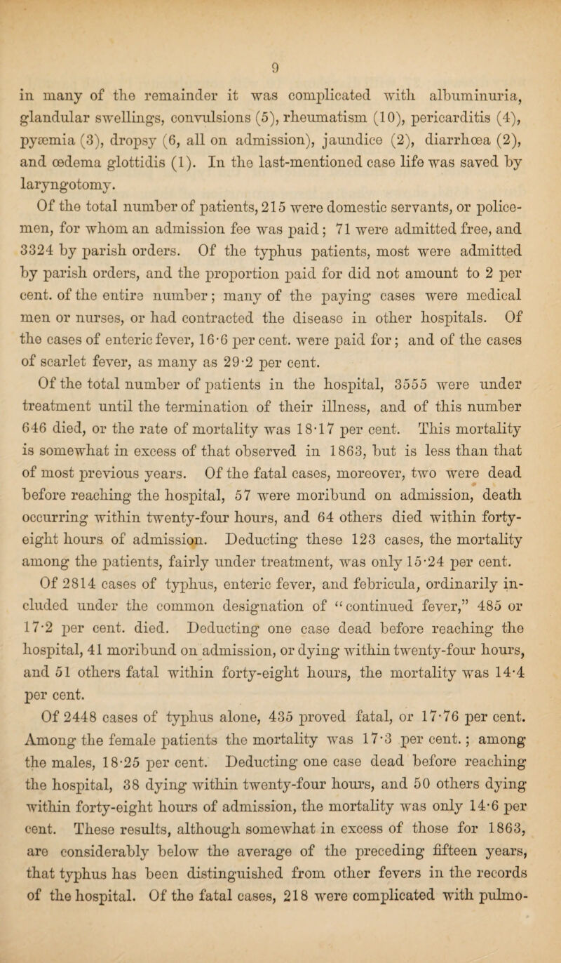 in many of the remainder it was conrplicatecl with albuminuria, glandular swellings, convulsions (5), rheumatism (10), pericarditis (4), pytemia (3), dropsy (6, all on admission), jaundice (2), diarrhoea (2), and oedema glottidis (1). In the last-mentioned case life was saved by laryngotomy. Of the total number of patients, 215 were domestic servants, or police¬ men, for whom an admission fee was paid; 71 were admitted free, and 3324 by parish orders. Of the typhus patients, most were admitted by parish orders, and the proportion paid for did not amount to 2 per cent, of the entire number; many of the paying cases were medical men or nurses, or had contracted the disease in other hospitals. Of the cases of enteric fever, 16-6 per cent, were paid for; and of the cases of scarlet fever, as many as 29-2 per cent. Of the total number of patients in the hospital, 3555 were under treatment until the termination of their illness, and of this number 646 died, or the rate of mortality was 18-17 per cent. This mortality is somewhat in excess of that observed in 1863, but is less than that of most previous years. Of the fatal cases, moreover, two were dead before reaching the hospital, 57 were moribund on admission, death occurring within twenty-four hours, and 64 others died within forty- eight hours of admission. Deducting these 123 cases, the mortality among the patients, fairly under treatment, was only 15-24 per cent. Of 2814 cases of typhus, enteric fever, and febricula, ordinarily in¬ cluded under the common designation of “ continued fever,'’ 485 or 17*2 per cent. died. Deducting one case dead before reaching the hospital, 41 moribund on admission, or dying within twenty-four hours, and 51 others fatal within forty-eight hours, the mortality was 14-4 per cent. Of 2448 cases of typhus alone, 435 proved fatal, or 17-76 per cent. Among the female patients the mortality was 17-3 percent.; among the males, 18-25 per cent. Deducting one case dead before reaching the hospital, 38 dying within twenty-four hours, and 50 others dying within forty-eight hours of admission, the mortality was only 14-6 per cent. These results, although somewhat in excess of those for 1863, are considerably below the average of the preceding fifteen years, that typhus has been distinguished from other fevers in the records of the hospital. Of the fatal cases, 218 were complicated with pulmo-