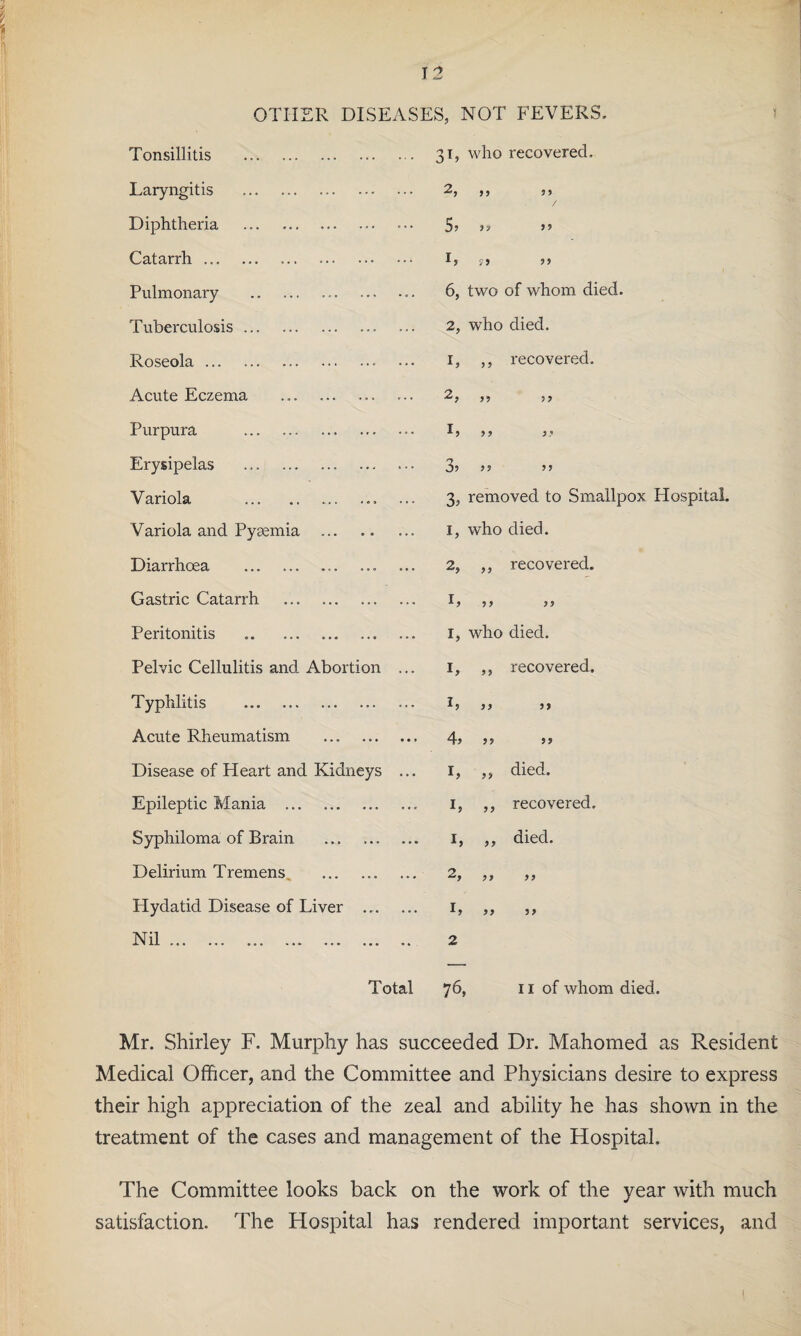 OTHER DISEASES, NOT FEVERS. 31, who recovered. Tonsillitis . Laryngitis . Diphtheria Catarrh. Pulmonary . Tuberculosis. Roseola. Acute Eczema Purpura . Erysipelas . Variola . Variola and Pysemia Diarrhcea Gastric Catarrh Peritonitis Pelvic Cellulitis and Abortion Typhlitis .. Acute Rheumatism . Disease of Heart and Kidneys Epileptic Mania . Syphiloma of Brain . Delirium Tremens . Hydatid Disease of Liver ... Nil. 55 55 / 5? >■> ” L 6, two of whom died. 2, who died. 1, ,, recovered. 5 5 5 5 L 5 5 5 5 35 53 55 3, removed to Smallpox Hospital. 1, who died. 2, ,, recovered. L 5 5 5 5 I, who died. 1, ,, recovered. L 55 45 55 55 I, ,, died. 1, ,, recovered. 99 2, 1, „ 2 died. 9 9 9 9 Total 76, 11 of whom died. Mr. Shirley F. Murphy has succeeded Dr. Mahomed as Resident Medical Officer, and the Committee and Physicians desire to express their high appreciation of the zeal and ability he has shown in the treatment of the cases and management of the Hospital. The Committee looks back on the work of the year with much satisfaction. The Hospital has rendered important services, and