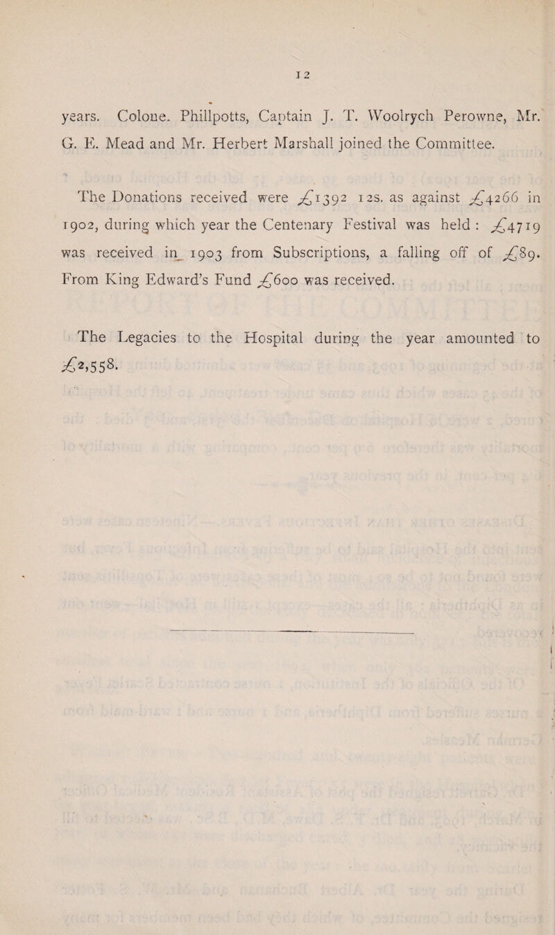 years. Colone. Phillpotts, Captain J. T. Woolrych Perowne, Mr. G. E. Mead and Mr. Herbert Marshall joined the Committee. The Donations received were ^1392 12s. as against ^4266 in 1902, during which year the Centenary Festival was held : ^4719 was received in^ 1903 from Subscriptions, a falling off of ^89. From King Edward’s Fund £600 was received. The Legacies to the Hospital during the year amounted to .£2,558.