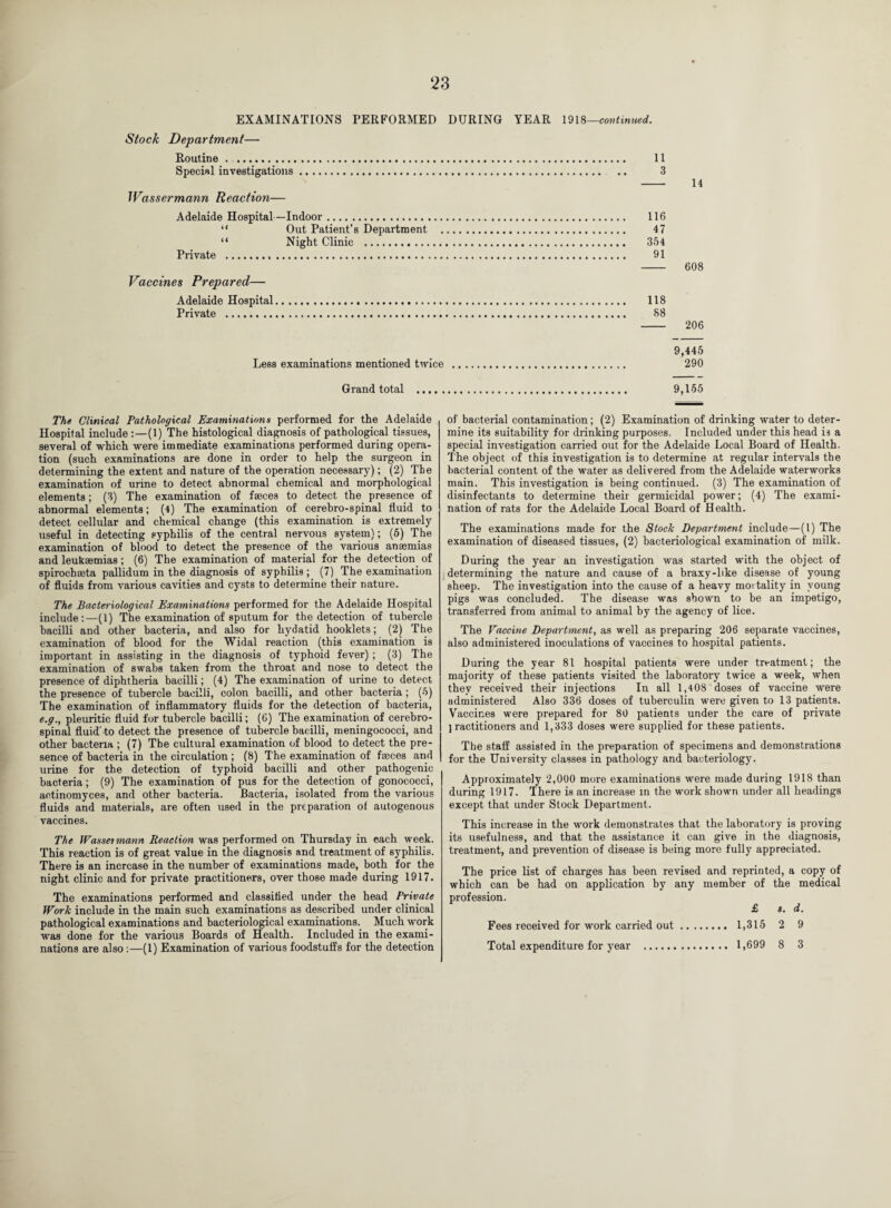 EXAMINATIONS PERFORMED DURING YEAR 1918—continued. Stock Department— Routine. 11 Special investigations. .. 3 - 14 Wassermann Reaction— Adelaide Hospital—Indoor. 116 “ Out Patient’s Department . 47 “ Night Clinic . 354 Private . 91 - 608 Vaccines Prepared— Adelaide Hospital. 118 Private . 88 - 206 9,445 Less examinations mentioned twice . 290 Grand total . 9,155 The Clinical Pathological Examinations performed for the Adelaide Hospital include :—(1) The histological diagnosis of pathological tissues, several of which were immediate examinations performed during opera¬ tion (such examinations are done in order to help the surgeon in determining the extent and nature of the operation necessary); (2) The examination of urine to detect abnormal chemical and morphological elements; (3) The examination of faeces to detect the presence of abnormal elements; (4) The examination of cerehro-spinal fluid to detect cellular and chemical change (this examination is extremely useful in detecting syphilis of the central nervous system); (5) The examination of blood to detect the presence of the various anaemias and leukaemias; (6) The examination of material for the detection of spirochaeta pallidum in the diagnosis of syphilis ; (7) The examination of fluids from various cavities and cysts to determine their nature. The Bacteriological Examinations performed for the Adelaide Hospital include:—(1) The examination of sputum for the detection of tubercle bacilli and other bacteria, and also for hydatid hooklets; (2) The examination of blood for the Widal reaction (this examination is important in assisting in the diagnosis of typhoid fever); (3) The examination of swabs taken from the throat and nose to detect the presence of diphtheria bacilli; (4) The examination of urine to detect the presence of tubercle bacilli, colon bacilli, and other bacteria ; (5) The examination of inflammatory fluids for the detection of bacteria, e.g., pleuritic fluid for tubercle bacilli; (6) The examination of cerebro¬ spinal fluid'to detect the presence of tubercle bacilli, meningococci, and other bacteria ; (7) The cultural examination of blood to detect the pre¬ sence of bacteria in the circulation ; (8) The examination of faeces and urine for the detection of typhoid bacilli and other pathogenic bacteria; (9) The examination of pus for the detection of gonococci, actinomyces, and other bacteria. Bacteria, isolated from the various fluids and materials, are often used in the preparation of autogenous vaccines. The Wasseimann Reaction was performed on Thursday in each week. This reaction is of great value in the diagnosis and treatment of syphilis. There is an increase in the number of examinations made, both for the night clinic and for private practitioners, over those made during 1917. The examinations performed and classified under the head Private Work include in the main such examinations as described under clinical pathological examinations and bacteriological examinations. Much work was done for the various Boards of Health. Included in the exami¬ nations are also :—(1) Examination of various foodstuffs for the detection of bacterial contamination; (2) Examination of drinking water to deter¬ mine its suitability for drinking purposes. Included under this head is a special investigation carried out for the Adelaide Local Board of Health. The object of this investigation is to determine at regular intervals the bacterial content of the water as delivered from the Adelaide waterworks main. This investigation is being continued. (3) The examination of disinfectants to determine their germicidal power; (4) The exami¬ nation of rats for the Adelaide Local Board of Health. The examinations made for the Stock Department include—(l) The examination of diseased tissues, (2) bacteriological examination of milk. During the year an investigation was started with the object of determining the nature and cause of a braxy-like disease of young sheep. The investigation into the cause of a heavy mortality in young pigs was concluded. The disease was shown to be an impetigo, transferred from animal to animal by the agency of lice. The Vaccine Department, as well as preparing 206 separate vaccines, also administered inoculations of vaccines to hospital patients. During the year 81 hospital patients were under treatment; the majority of these patients visited the laboratory twice a week, when they received their injections In all 1,4 08 doses of vaccine were administered Also 336 doses of tuberculin were given to 13 patients. Vaccines were prepared for 80 patients under the care of private I ractitioners and 1,333 doses were supplied for these patients. The staff assisted in the preparation of specimens and demonstrations for the University classes in pathology and bacteriology. Approximately 2,000 more examinations were made during 1918 than during 1917. There is an increase in the work shown under all headings except that under Stock Department. This increase in the work demonstrates that the laboratory is proving its usefulness, and that the assistance it can give in the diagnosis, treatment, and prevention of disease is being more fully appreciated. The price list of charges has been revised and reprinted, a copy of which can be had on application by any member of the medical profession. £ s. d. Fees received for work carried out. 1,315 2 9 Total expenditure for year . 1,699 8 3