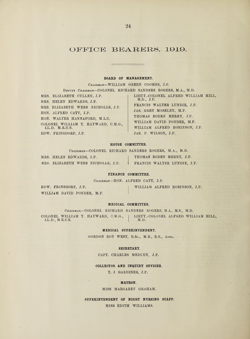 OFFICE FAKIRS, 1919. BOARD OF MANAGEMENT. Chairman—WILLIAM GREEN COOMBS, J.P. Deputy Chairman—COLONEL RICHARD SANDERS ROGERS. M.A.. M.D. MRS. ELIZABETH CULLEN, J.P. MRS. HELEN EDWARDS, J.P. MRS. ELIZABETH WEBB NICHOLLS, J.P. HON. ALFRED CATT, J.P. HON. WALTER HANNAFORD, M.L.C. COLONEL WILLIAM T. HAYWARD, C.M.G., LL.D. M.R.C.S. EDW. FRINSDORF, J.P. LIEUT.-COLONEL ALFRED WILLIAM HILL, M.D., J.P. FRANCIS WALTER LUNDIE, J.P. JAS. GREY MOSELEY, M.P. THOMAS BODEN MERRY, J.P. WILLIAM DAVID PONDER, M.P. WILLIAM ALFRED ROBINSON, J.P. JAS. P. WILSON, J.P. HOUSE COMMITTEE. Chairman—COLONEL RICHARD SANDERS ROGERS, M.A., M.D. MRS. HELEN EDWARDS, J.P. THOMAS BODEN MERRY, J.P. MRS. ELIZABETH WEBB NICHOLLS, J.P. FRANCIS WALTER LUNDIE, J.P. EDW. FRINSDORF, J.P. WILLIAM DAVID PONDER, FINANCE COMMITTEE. Chairman—HON. ALFRED CATT, J.P. WILLIAM ALFRED ROBINSON, M.P. J.P. MEDICAL COMMITTEE. Chairman—COLONEL RICHARD SANDERS ROGERS, M.A., M.S., M.D. COLONEL WILLIAM T. HAYWARD, C.M.G., LIEUT.-COLONEL ALFRED WILLIAM HILL, LL.D., M.R.C.S. M.D. MEDICAL SUPERINTENDENT. GORDON ROY WEST, B.Sc., M.B., B.S., Adel. SECRETARY. CAPT. CHARLES MEDLYN, J.P. COLLECTOR AND INQUIRY OFFICER. T. J. GARDINER, J.P. MATRON. MISS MARGARET GRAHAM. SUPERINTENDENT OF NIGHT NURSING STAFF. MISS EDITH WILLIAMS.