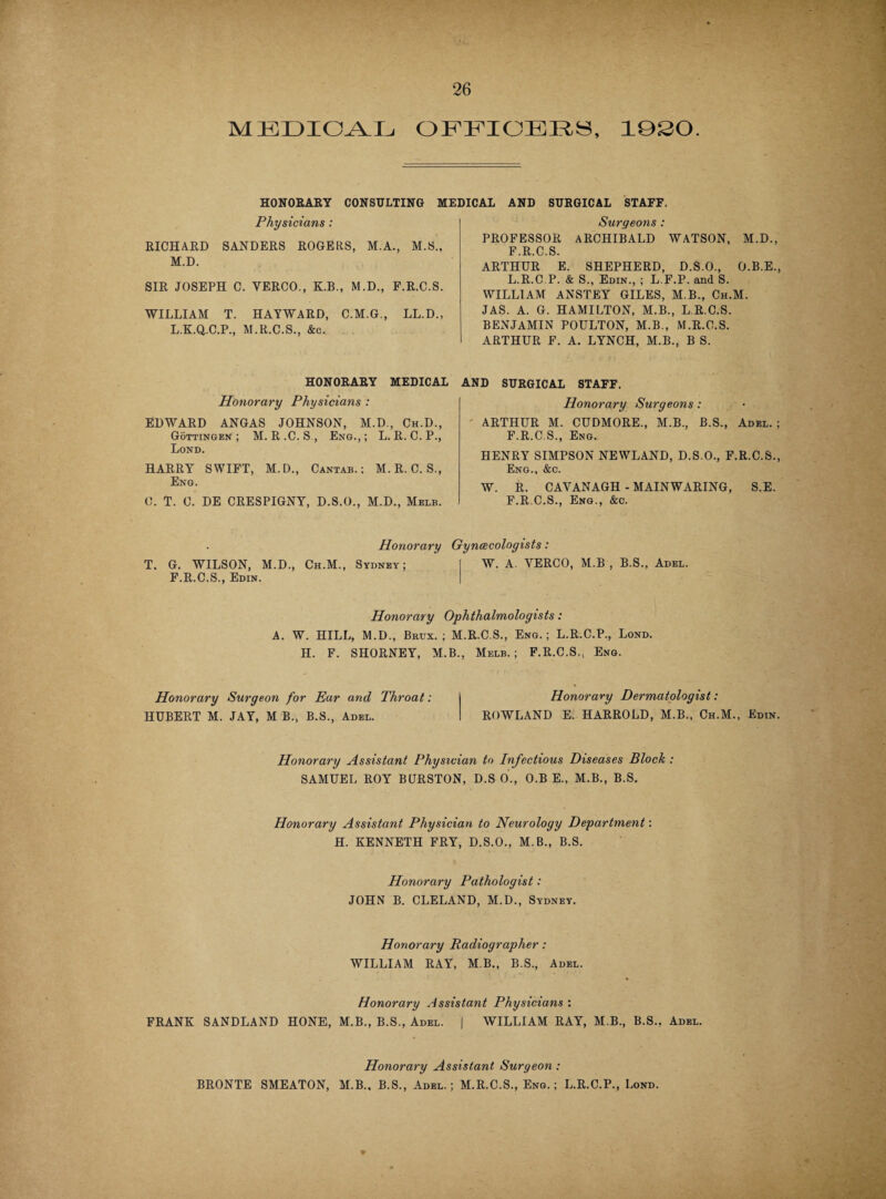 MEDICAL OFFICERS, 1920. HONORARY CONSULTING MEDICAL AND SURGICAL STAFF. Physicians: RICHARD SANDERS ROGERS, M.A., M.S., M.D. SIR JOSEPH C. VERCO., K.B., M.D., F.R.C.S. WILLIAM T. HAYWARD, C.M.G., LL.D., L.K.Q.C.P., M.R.C.S., &c. HONORARY MEDICAL Honorary Physicians : EDWARD ANGAS JOHNSON, M.D., Ch.D., Gottingen; M. R .C. S , Eng.,; L. R. C.P., Lond. HARRY SWIFT, M.D., Cantab.; M.R.C. S., Eng. C. T. C. DE CRESPIGNY, D.S.O., M.D., Melb. Surgeons : PROFESSOR ARCHIBALD WATSON, M.D., F.R.C.S. ARTHUR E. SHEPHERD, D.S.O., O.B.E., L.R.C.P. & S., Edin., ; L.F.P. and S. WILLIAM ANSTEY GILES, M B., Ch.M. JAS. A. G. HAMILTON, M.B., L.R.C.S. BENJAMIN POULTON, M.B., M.R.C.S. ARTHUR F. A. LYNCH, M.B., B S. AND SURGICAL STAFF. Honorary Surgeons: ARTHUR M. CUDMORE., M.B., B.S., Adel. ; F.R.C.S., Eng. HENRY SIMPSON NEWLAND, D.S.O., F.R.C.S., Eng., &c. W. R. CAYANAGH - MAIN WARING, S.E. F.R.C.S., Eng., &c. Honorary Gynecologists: T. G. WILSON, M.D., Ch.M., Sydney; F.R.C.S., Edin. W. A. YERCO, M.B , B.S., Adel. Honorary Ophthalmologists: A. W. HILL, M.D., Brux. ; M.R.C.S., Eng.; L.R.C.P., Lond. H. F. SHORNEY, M.B., Melb.; F.R.C.S., Eng. Honorary Surgeon for Ear and Throat: HUBERT M. JAY, M B., B.S., Adel. Honorary Dermatologist: ROWLAND E. HARROLD, M.B., Ch.M., Edin. Honorary Assistant Physician to Infectious Diseases Block : SAMUEL ROY BURSTON, D.S 0., O.B E„ M.B., B.S. Honorary Assistant Physician to Neurology Department: H. KENNETH FRY, D.S.O., M.B., B.S. Honorary Pathologist: JOHN B. CLELAND, M.D., Sydney. Honorary Radiographer : WILLIAM RAY, MB., B.S., Adel. Honorary Assistant Physicians : FRANK SANDLAND HONE, M.B., B.S., Adel. | WILLIAM RAY, M.B., B.S.. Adel. Honorary Assistant Surgeon :