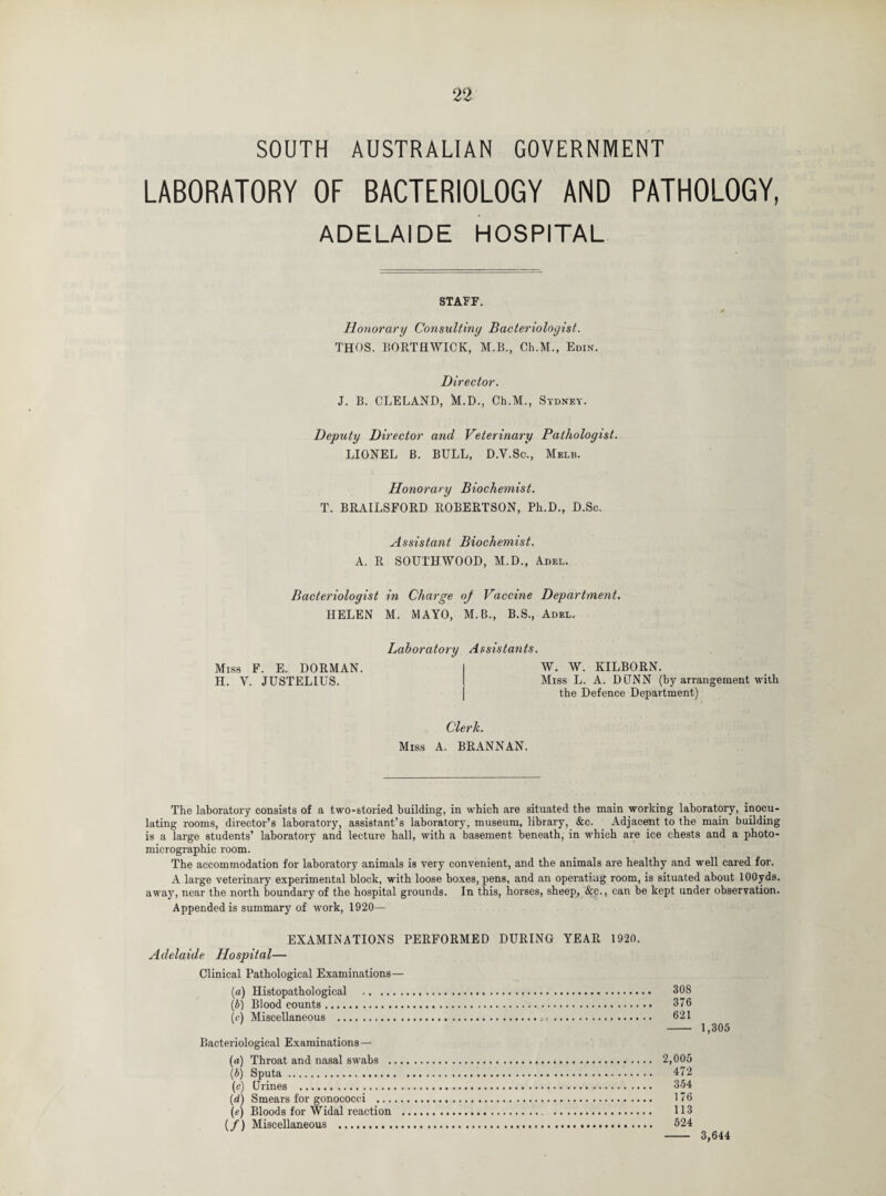 SOUTH AUSTRALIAN GOVERNMENT LABORATORY OF BACTERIOLOGY AND PATHOLOGY, ADELAIDE HOSPITAL STAFF. Honorary Consultiny Bacteriologist. THOS. BORTHWICK, M.B., Ch.M., Edin. Director. J. B. CLELAND, M.D., Ch.M., Sydney. Deputy Director and Veterinary Pathologist. LIONEL B. BULL, D.Y.Sc., Melb. Honorary Biochemist. T. BRAILSFORD ROBERTSON, Ph.D., D.Sc. Assistant Biochemist. A. R SOUTHWOOD, M.D., Adel. Bacteriologist in Charge oj Vaccine Department. HELEN M. MAYO, M.B., B.S., Adel. Laboratory Assistants. Miss F. E. DORMAN. W. W. KILBORN. H. Y. JUSTELIUS. Miss L. A. DUNN (by arrangement with the Defence Department) Clerk. Miss A. BRANNAN. The laboratory consists of a two-storied building, in which are situated the main working laboratory, inocu¬ lating rooms, director’s laboratory, assistant’s laboratory, museum, library, &c. Adjacent to the main building is a large students’ laboratory and lecture hall, with a basement beneath, in which are ice chests and a photo¬ micrographic room. The accommodation for laboratory animals is very convenient, and the animals are healthy and well cared for. A large veterinary experimental block, with loose boxes, pens, and an operating room, is situated about 100yds. away, near the north boundary of the hospital grounds. In this, horses, sheep, &c., can be kept under observation. Appended is summary of work, 1920— EXAMINATIONS PERFORMED DURING YEAR 1920. Adelaide Hospital— Clinical Pathological Examinations— (a) Histopathological . (b) Blood counts. (c) Miscellaneous . Bacteriological Examinations — (a) Throat and nasal swabs . (b) Sputa. (c) Urines . (d) Smears for gonococci ... (e) Bloods for Widal reaction (/) Miscellaneous . 308 376 621 2,005 472 354 176 113 524 1,305 3,644