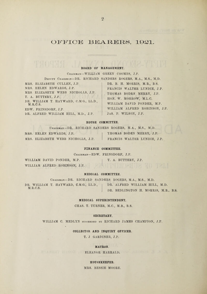 OFFICE BEARER8, 1021 BOARD OF MANAGEMENT. Chairman—WILLIAM GREEN COOMBS, J.P. Deputy Chairman—DR. RICHARD SANDERS ROGERS. M.A.. M.S.. M.D. MRS. ELIZABETH CULLEN, J.P. MRS. HELEN EDWARDS, J.P. MRS ELIZABETH WEBB NICHOLLS, J.P. T. A. BUTTERY, J.P. DR. WILLIAM T. HAYWARD, C.MG, LL.D., M.R.C.S. EDW. FRINSDORF, J.P. DR. ALFRED WILLIAM HILL, M.D., J.P. DR. B. H. MORRIS, M.B., B.S. FRANCIS WALTER LUNDIE, J.P. THOMAS BODEN MERRY, J.P. HON. W. MORROW, M.L.C. WILLIAM DAVID PONDER, M.P. WILLIAM ALFRED ROBINSON, J.P. JAS. P. WILSON, J.P. HOUSE COMMITTEE. Chairman—DR. RICHARD SANDERS ROGERS, M.A., M.S., M.D. MRS. HELEN EDWARDS, J.P. THOMAS BODEN MERRY, J.P. MRS. ELIZABETH WEBB NICHOLLS, J.P. FRANCIS WALTER LUNDIE, J.P. FINANCE COMMITTEE. Chairman—EDW. FRINSDORF, J.P. WILLIAM DAVID PONDER, M.P. WILLIAM ALFRED ROBINSON, J.P. T. A. BUTTERY, J.P. MEDICAL COMMITTEE. Chairman—DR. RICHARD SANDERS ROGERS, M.A., M.S., M.D. DR. ALFRED WILLIAM HILL, M.D. DR. BEDLINGTON H. MORRIS, M.B., B.S. DR. WILLIAM T. HAYWARD, C.M.G., LL.D., M.R.C.S. MEDICAL SUPERINTENDENT. CHAS. T. TURNER, M.C., M.B., B.S. SECRETARY. WILLIAM C. MEDLYN succeeded by RICHARD JAMES CHAMPION, J.P. COLLECTOR AND INQUIRY OFFICER. T. J GARDINER, J.P. MATRON. ELEANOR HARRALD. HOUSEKEEPER. MRS. BESSIE MOORE.