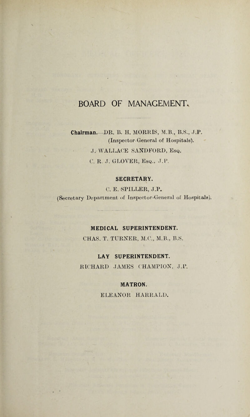 BOARD OF MANAGEMENT, Chairman.—DR. B. H. MORRIS, M.B., B.S., .i.P. (Inspector General of Hospitals). J. WALLACE SANDFORD, Esq. C. R J. GLOVER, Esq., J.P. SECRETARY. C, E. SPILLER, J.P. (Secretary Department <>f Inspector-General of Hospitals). MEDICAL SUPERINTENDENT. CHAS. T. TURNER, M.C., M.B., B.S. LAY SUPERINTENDENT. RICHARD JAMES CHAMPION, J.P. MATRON. ELEANOR HARRALD.