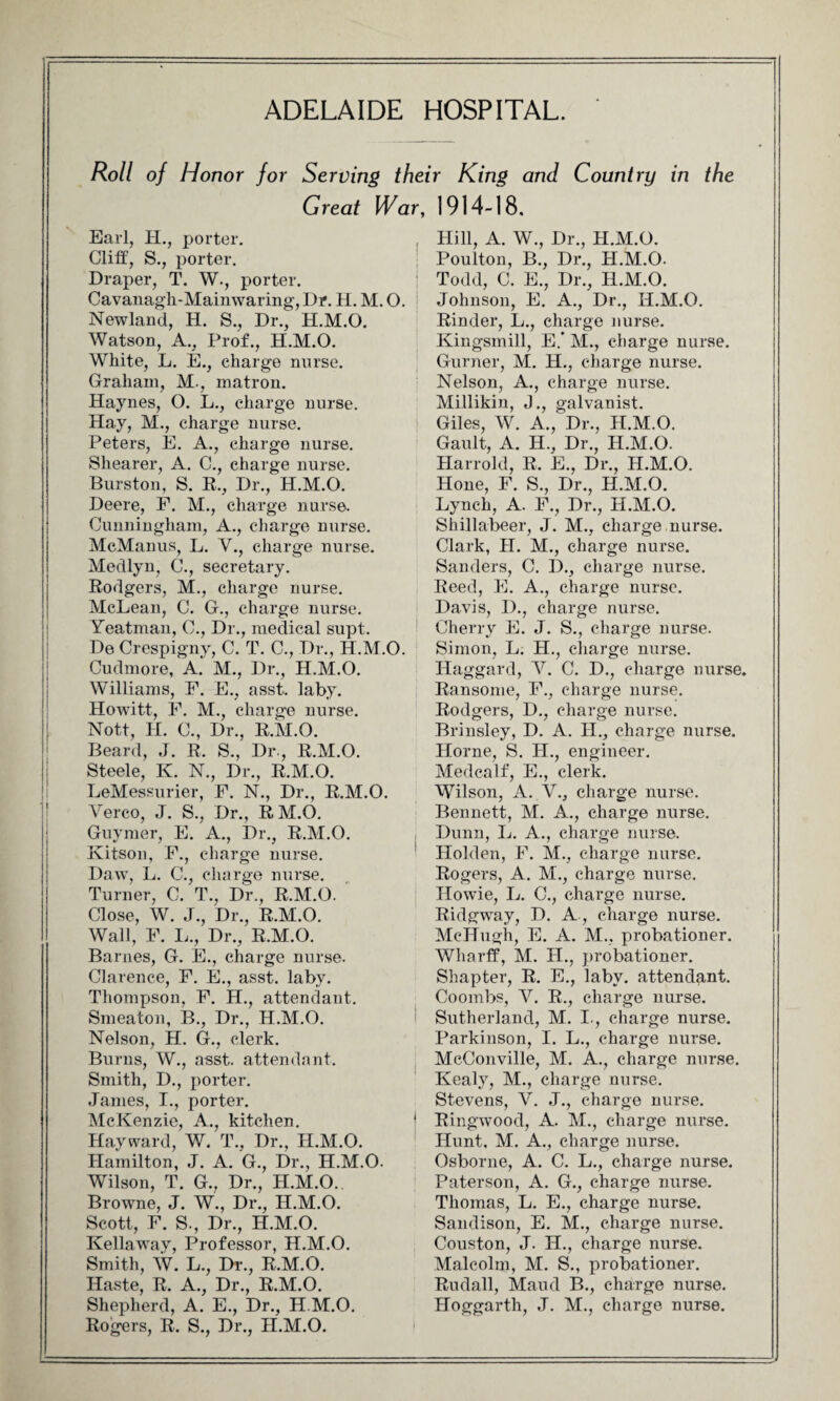 ADELAIDE HOSPITAL. Roll of Honor for Serving their King and Country in the Great War, Earl, H., porter. Cliff, S., porter. Draper, T. W., porter. Cavanagh-Mainwaring, Dr. H. M. O. Newland, H. S., Dr., H.M.O. Watson, A., Prof., H.M.O. White, L. E., charge nurse. Graham, M., matron. Haynes, O. L., charge nurse. Hay, M., charge nurse. Peters, E. A., charge nurse. Shearer, A. C., charge nurse. Burston, S. R., Dr., H.M.O. Deere, F. M., charge nurse. Cunningham, A., charge nurse. McManus, L. V., charge nurse. Medlyn, C., secretary. Rodgers, M., charge nurse. McLean, C. G., charge nurse. Yeatman, C., Dr., medical supt. De Crespigny, C. T. C., Dr., H.M.O. Cudmore, A. M., Dr., H.M.O. Williams, F. E., asst. laby. Howitt, F. M., charge nurse. Nott, H. C., Dr., R.M.O. Beard, J. R. S., Dr., R.M.O. Steele, K. N., Dr., R.M.O. LeMessurier, F. N., Dr., R.M.O. Verco, J. S., Dr., RM.O. Guymer, E. A., Dr., R.M.O. Kitson, F., charge nurse. Daw, L. C., charge nurse. Turner, C. T., Dr., R.M.O. Close, W. J., Dr., R.M.O. Wall, F. L., Dr., R.M.O. Barnes, G. E., charge nurse. Clarence, F. E., asst. laby. Thompson, F. H., attendant. Smeaton, B., Dr., H.M.O. Nelson, H. G., clerk. Burns, W., asst, attendant. Smith, D., porter. James, I., porter. McKenzie, A., kitchen. 1 Hayward, W. T., Dr., H.M.O. Hamilton, J. A. G., Dr., H.M.O. Wilson, T. G., Dr., H.M.O. Browne, J. W., Dr., H.M.O. Scott, F. S., Dr., H.M.O. Kellaway, Professor, H.M.O. Smith, W. L., Dr., R.M.O. Haste, R. A., Dr., R.M.O. Shepherd, A. E., Dr., H.M.O. Rogers, R. S., Dr., H.M.O. 1914-18. Hill, A. W., Dr., H.M.O. Poulton, B., Dr., H.M.O. Todd, C. E., Dr., H.M.O. Johnson, E. A., Dr., H.M.O. Rinder, L., charge nurse. Kingsmill, E.’ M., charge nurse. Gurner, M. H., charge nurse. Nelson, A., charge nurse. Millikin, J., galvanist. Giles, W. A., Dr., H.M.O. Gault, A. H., Dr., H.M.O. Harrold, R. E., Dr., H.M.O. Hone, F. S., Dr., H.M.O. Lynch, A. F., Dr., H.M.O. Shillabeer, J. M., charge nurse. Clark, II. M., charge nurse. Sanders, C. D., charge nurse. Reed, E. A., charge nurse. Davis, I)., charge nurse. Cherry E. J. S., charge nurse. Simon, L. H., charge nurse. Haggard, V. C. D., charge nurse. Ransome, F., charge nurse. Rodgers, D., charge nurse. Brinsley, D. A. II., charge nurse. Horne, S. II., engineer. Medcalf, E., clerk. Wilson, A. V., charge nurse. Bennett, M. A., charge nurse. Dunn, L. A., charge nurse. Holden, F. M., charge nurse. Rogers, A. M., charge nurse. Ilowde, L. C., charge nurse. Ridgway, D. A, charge nurse. McHugh, E. A. M., probationer. Wharff, M. II., probationer. Shapter, R. E., laby. attendant. Coombs, Y. R., charge nurse. Sutherland, M. I., charge nurse. Parkinson, 1. L., charge nurse. McConville, M. A., charge nurse. Kealy, M., charge nurse. Stevens, V. J., charge nurse. Ringwood, A. M., charge nurse. Hunt, M. A., charge nurse. Osborne, A. C. L., charge nurse. Paterson, A. G., charge nurse. Thomas, L. E., charge nurse. Sandison, E. M., charge nurse. Couston, J. H., charge nurse. Malcolm, M. S., probationer. Rudall, Maud B., charge nurse. Hoggarth, J. M., charge nurse.