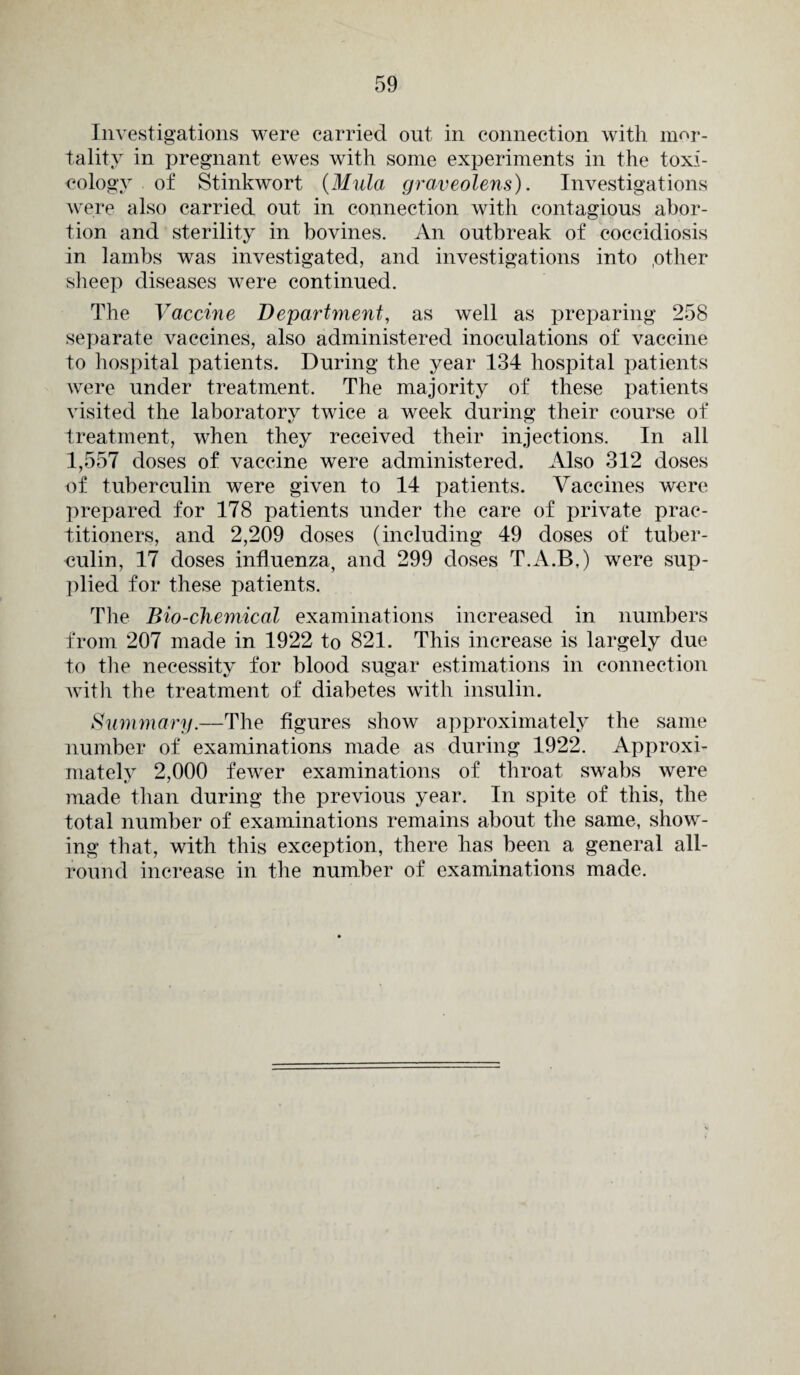 Investigations were carried out in connection with mor¬ tality in pregnant ewes with some experiments in the toxi¬ cology of Stinkwort (Mulct graveolens). Investigations were also carried out in connection with contagious abor¬ tion and sterility in bovines. An outbreak of coccidiosis in lambs was investigated, and investigations into ,other sheep diseases were continued. The Vaccine Department, as well as preparing 258 separate vaccines, also administered inoculations of vaccine to hospital patients. During the year 134 hospital patients were under treatment. The majority of these patients visited the laboratory twice a week during their course of treatment, when they received their injections. In all 1,557 doses of vaccine were administered. Also 312 doses of tuberculin were given to 14 patients. Vaccines were prepared for 178 patients under the care of private prac¬ titioners, and 2,209 doses (including 49 doses of tuber¬ culin, 17 doses influenza, and 299 doses T.A.B.) were sup¬ plied for these patients. The Bio-chemical examinations increased in numbers from 207 made in 1922 to 821. This increase is largely due to the necessity for blood sugar estimations in connection with the treatment of diabetes with insulin. Summary.—The figures show approximately the same number of examinations made as during 1922. Approxi¬ mately 2,000 fewer examinations of throat swabs were made than during the previous year. In spite of this, the total number of examinations remains about the same, show¬ ing that, with this exception, there has been a general all¬ round increase in the number of examinations made.