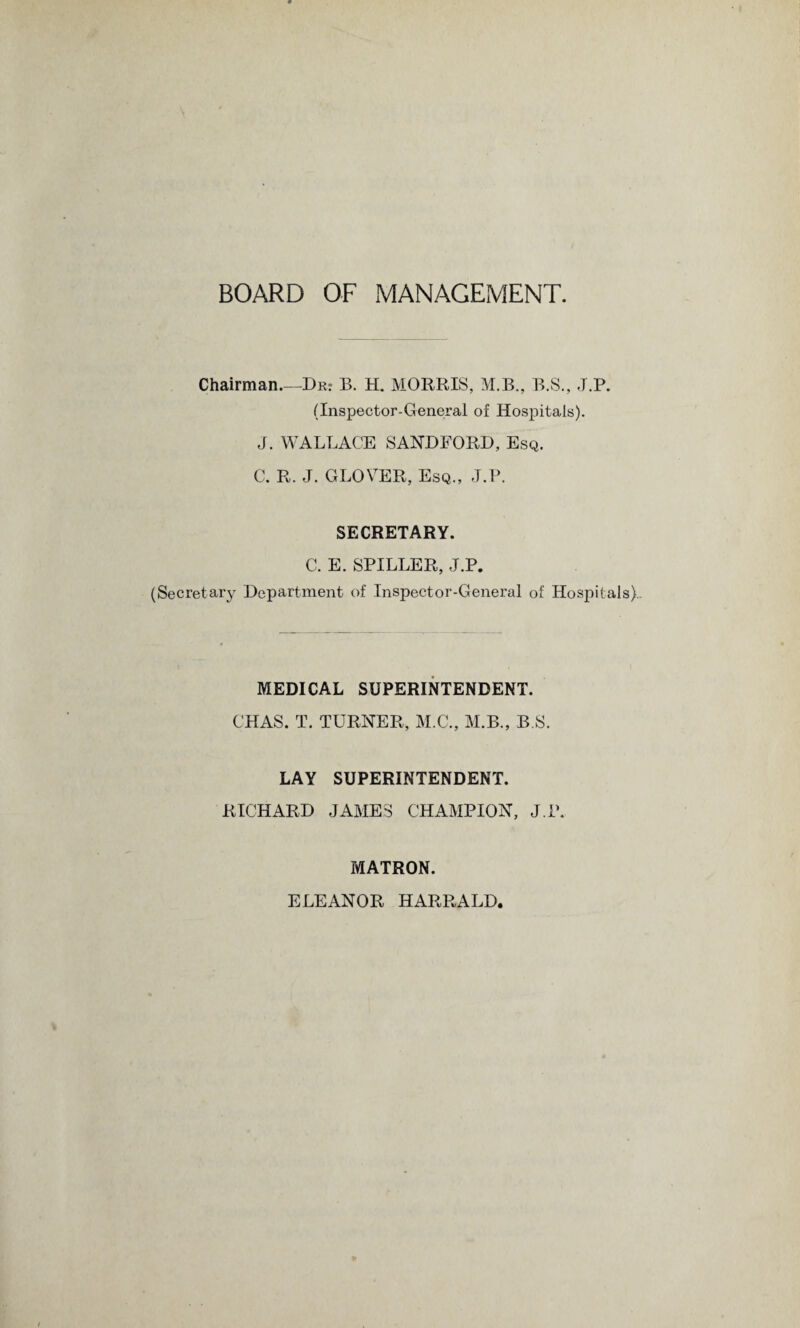 BOARD OF MANAGEMENT. Chairman_Dm B. H. MORRIS, M.B., B.S., J.P. (Inspector-General of Hospitals). J. WALLACE SANDFORD, Esq. C. R. J. GLOVER, Esq., J.P. SECRETARY. C. E. SPILLER, J.P. (Secretary Department of Inspector-General of Hospitals).. MEDICAL SUPERINTENDENT. CHAS. T. TURNER, M.C., M.B., B.S. LAY SUPERINTENDENT. RICHARD JAMES CHAMPION, J.P. MATRON. ELEANOR HARRALD.