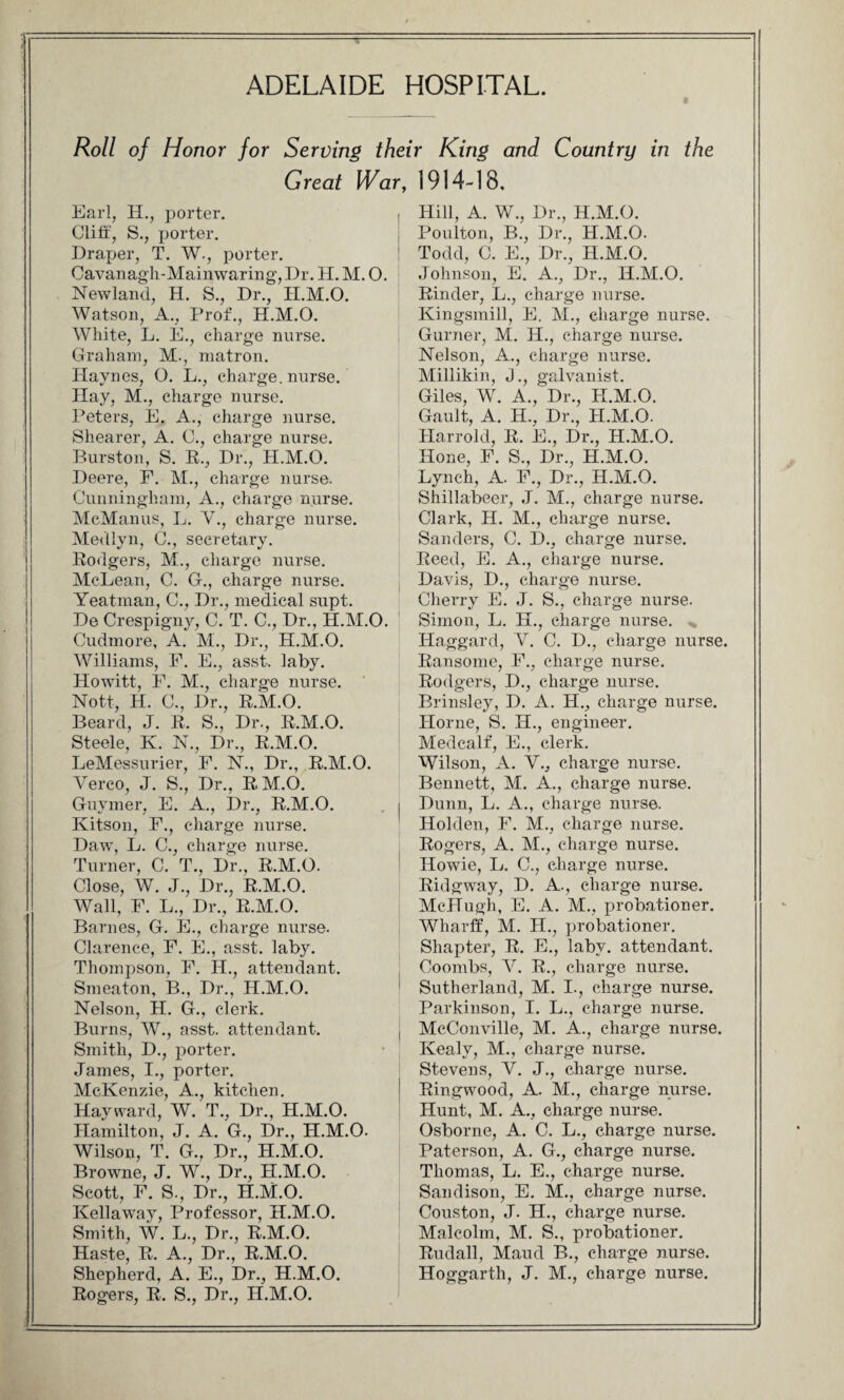 ADELAIDE HOSPITAL. Roll of Honor for Serving their King and Country in the Great War, 1914-18. Earl, H., porter. Cliff, S., porter. Draper, T. W., porter. Cavanagh-Mainwaring, Dr. H. M. O. Newland, H. S., Dr., H.M.O. Watson, A., Prof., H.M.O. White, L. E., charge nurse. Graham, M., matron. Haynes, O. L., charge, nurse. Hay, M., charge nurse. Peters, E. A., charge nurse. Shearer, A. C., charge nurse. Burston, S. R., Dr., H.M.O. Deere, F. M., charge nurse. Cunningham, A., charge nurse. McManus, L. V., charge nurse. Medlyn, C., secretary. Rodgers, M., charge nurse. McLean, C. G., charge nurse. Yeatman, C., Dr., medical supt. De Crespigny, C. T. C., Dr., H.M.O. Cudmore, A. M., Dr., H.M.O. Williams, F. E., asst. laby. Howitt, F. M., charge nurse. Nott, H. C., Dr., R.M.O. Beard, J. R. S., Dr., R.M.O. Steele, K. N., Dr., R.M.O. LeMessurier, F. N., Dr., R.M.O. Verco, J. S., Dr., RM.O. Guymer, E. A., Dr., R.M.O. Kitson, F., charge nurse. Daw, L. C., charge nurse. Turner, C. T., Dr., R.M.O. Close, W. J., Dr., R.M.O. Wall, F. L., Dr., R.M.O. Barnes, G. E., charge nurse. Clarence, F. E., asst. laby. Thompson, F. H., attendant. Smeaton, B., Dr., H.M.O. Nelson, H. G., clerk. Burns, W., asst, attendant. Smith, D., porter. James, I., porter. McKenzie, A., kitchen. Hayward, W. T., Dr., H.M.O. Hamilton, J. A. G., Dr., H.M.O. Wilson, T. G., Dr., H.M.O. Browne, J. W., Dr., H.M.O. Scott, F. S., Dr., H.M.O. Kellaway, Professor, H.M.O. Smith, W. L., Dr., R.M.O. Haste, R. A., Dr., R.M.O. Shepherd, A. E., Dr., H.M.O. Rogers, R. S., Dr., H.M.O. Hill, A. W., Dr., H.M.O. Poulton, B., Dr., H.M.O. Todd, C. E., Dr., H.M.O. Johnson, E. A., Dr., H.M.O. Rinder, L., charge nurse. Kingsmill, E. M., charge nurse. Gurner, M. H., charge nurse. Nelson, A., charge nurse. Millikin, J., galvanist. Giles, W. A., Dr., H.M.O. Gault, A. H., Dr., H.M.O. Harrold, R. E., Dr., H.M.O. Hone, F. S., Dr., H.M.O. Lynch, A. F., Dr., H.M.O. Shillabeer, J. M., charge nurse. Clark, H. M., charge nurse. Sanders, C. D., charge nurse. Reed, E. A., charge nurse. Davis, D., charge nurse. Cherry E. J. S., charge nurse. Simon, L. H., charge nurse. Haggard, V. C. D., charge nurse. Ransome, F., charge nurse. Rodgers, D., charge nurse. Brinsley, D. A. H., charge nurse. Horne, S. H., engineer. Medcalf, E., clerk. Wilson, A. V., charge nurse. Bennett, M. A., charge nurse. Dunn, L. A., charge nurse. Holden, F. M., charge nurse. Rogers, A. M., charge nurse. Howie, L. C., charge nurse. Ridgway, D. A., charge nurse. McHugh, E. A. M., probationer. Wharff, M. H., probationer. Shapter, R. E., laby. attendant. Coombs, V. R., charge nurse. Sutherland, M. I., charge nurse. Parkinson, I. L., charge nurse. McConville, M. A., charge nurse. Ivealy, M., charge nurse. Stevens, Y. J., charge nurse. Ringwood, A. M., charge nurse. Hunt, M. A., charge nurse. Osborne, A. C. L., charge nurse. Paterson, A. G., charge nurse. Thomas, L. E., charge nurse. Sandison, E. M., charge nurse. Couston, J. H., charge nurse. Malcolm, M. S., probationer. Rudall, Maud B., charge nurse. Hoggartli, J. M., charge nurse.