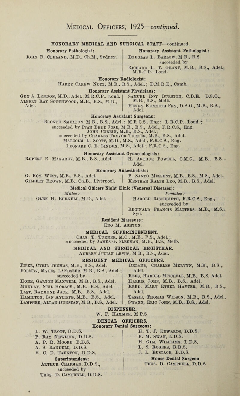 HONORARY MEDICAL AND SURGICAL STAFF—continued. Honorary Pathologist: John B. Cleland, M.D., Ch.M., Sydney. Honorary Assistant Pathologist : Douglas L. Barlow, M.B., B.S. succeeded by Richard L. T. Grant, M.B., B.S., Adel.; M.R.C.P., Lond. Honorary Radiologist: Harry Carew Nott, M.B., B.S., Adel.; D.M.R.E., Camb. Honorary Assistant Physicians: Guy A. Lendon, M.D., Adel.; M.R.C.P.. Lond. Albert Ray Southwood, M.B., B.S., M.D., Adel. Samuel Roy Burston, C.B.E. D.S.O., M.B., B.S., Melb. Henry Kenneth Fry, D.S.O., M.B., B.S., Adel. Honorary Assistant Surgeons: Bronte Smeaton, M.B., B.S., Adel.; M.R.C.S., Eng ; L.R.C.P., Lond.; succeeded by Ivan Bede Jose, M.B., B.S., Adel., F.R.C.S., Eng. John Corbin, M.B., B.S., Adel.; succeeded by Charles Trevor Turner, M.B., B.S., Adel. Malcolm L. Scott, M.D., M.S., Adel., F.R.C.S., Eng. Leonard C. E. Linden, M.S., Adel.; F.R.C.S., Eng. Rupert E. Magarey, M.B., B.S., Adel. Honorary Assistant Gynaecologists: H. Arthur Adel. Powell, C.M.G., M B., B.S Honorary Anaesthetists: G. Roy West, M.B., B.S., Adel. Gilbert Brown. M.B., Ch.B., Liverpool. P. Santo Messent, M.B., B.S., M.S., Adel. Kenihan Ralph Leo, M.B., B.S., Adel. Medical Officers Night Clinic (Venereal Diseases): Males: Glen H. Burnell, M.D., Adel. Females: Harold Rischbieth, F.R.C.S., Eng., succeeded by Reginald Francis Matters, M.B., M.S.,- Syd. Resident Masseuse: Eno M. Ashton MEDICAL SUPERINTENDENT. Chas. T. Turner, M.C., M.B., P.S., Adel.; succeeded by James G. Sleeman, M.B., B.S., Melb. MEDICAL AND SURGICAL REGISTRAR. Aubrey Julian Lewis, M B., B.S., Adel. RESIDENT MEDICAL OFFICERS. Piper, Cyril Thomas, M.B., B.S., Adel. Formby, Myles Landseer, M.B., B.S., Adel.; succeeded by Hone, Garton Maxwell, M.B., B.S., Adel. Munday, Neil Horace.. M.B. B.S., Adel. Last, Raymond Jack, M.B., B.S., Adel. Hamilton, Ian Ayliffe, M.B.. B.S., Adel. Lamphee, Allan Dunstan, M.B., B.S., Adel. Deland, Charles Mervyn, M.B., B.S.,. Adel. Rees, Harold Mitchell, M.B., B.S. Adel. Harris, John, M.B., B.S., Adel. Reed, Mary Ethel Hayter, M.B., B.S.r Adel. Tassie, Thomas Wilson, M.B., B.S., Adel. Swann, Eric John, M.B., B.S., Adel. DISPENSER. W. F. Hammer, M.P.S. DENTAL OFFICERS. Honorary Dental L. W. Trott, D.D.S. P. Ray Newling, D.D.S. A. P. R. Moore B.D.S. A. S. Randell, D.D.S. H. C. D. Taunton, D.D.S. Superintendent: Arthur Chapman, D.D.S., succeeded by Thos. D. Campbell, D.D.S. Surgeons: H. T. J. Edwards, D.D.S. F. M. Swan, L.D.S. H. Gill Williams, L.D.S. L. S. Rogers, B.D.S. J. L. Eustace, B.D.S. House Dental Surgeon Thos. D. Campbell, D.D.&