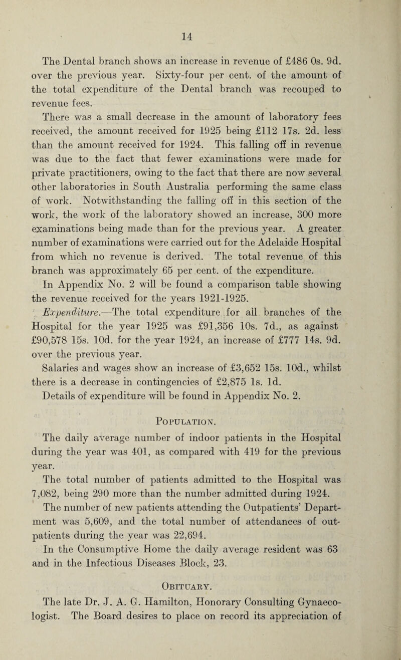 The Dental branch shows an increase in revenue of £486 Os. 9d. over the previous year. Sixty-four per cent, of the amount of the total expenditure of the Dental branch was recouped to revenue fees. There was a small decrease in the amount of laboratory fees received, the amount received for 1925 being £112 17s. 2d. less than the amount received for 1924. This falling off in revenue was due to the fact that fewer examinations were made for private practitioners, owing to the fact that there are now several other laboratories in South Australia performing the same class of work. Notwithstanding the falling off in this section of the work, the work of the laboratory showed an increase, 300 more examinations being made than for the previous year. A greater number of examinations were carried out for the Adelaide Hospital from which no revenue is derived. The total revenue of this branch was approximately 65 per cent, of the expenditure. In Appendix No. 2 will be found a comparison table showing the revenue received for the years 1921-1925. Expenditure.—The total expenditure for all branches of the Hospital for the year 1925 was £91,356 10s. 7d., as against £90,578 15s. lOd. for the year 1924, an increase of £777 14s. 9d. over the previous year. Salaries and wages show an increase of £3,652 15s. 10d., whilst there is a decrease in contingencies of £2,875 Is. Id. Details of expenditure will be found in Appendix No. 2. Population. The daily average number of indoor patients in the Hospital during the year was 401, as compared with 419 for the previous year. The total number of patients admitted to the Hospital was 7,082, being 290 more than the number admitted during 1924. The number of new patients attending the Outpatients’ Depart¬ ment was 5,609, and the total number of attendances of out¬ patients during the year was 22,694. In the Consumptive Home the daily average resident was 63 and in the Infectious Diseases Block, 23. Obituary. The late Dr. J. A. G. Hamilton, Honorary Consulting Gynaeco¬ logist. The Board desires to place on record its appreciation of