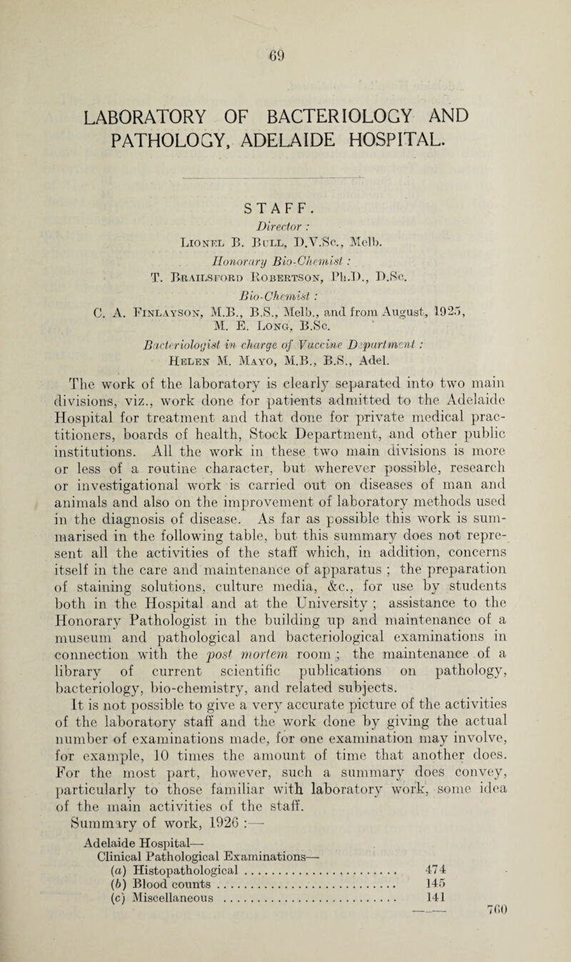 6!) LABORATORY OF BACTERIOLOGY AND PATHOLOGY, ADELAIDE HOSPITAL. STAFF. Director : Lionel B. Bull, D.V.'Sc., Mclb. Honorary Bio-Chemist : T. Brailsford Robertson, PbJ)., D.ffe. Bio-Chemist : C. A. Finlayson, M.B., B.S., Melb., and from August., 1925, M. E. Long, B.Sc. Bacteriologist in charge of Vaccine Department : Helen M. Mayo, M.B., B.S., Adel. The work of the laboratory is clearly separated into two main divisions, viz., work done for patients admitted to the Adelaide Hospital for treatment and that done for private medical prac¬ titioners, boards of health, Stock Department, and other public institutions. All the work in these two main divisions is more or less of a routine character, but wherever possible, research or investigational work is carried out on diseases of man and animals and also on the improvement of laboratory methods used in the diagnosis of disease. As far as possible this work is sum¬ marised in the following table, but this summary does not repre¬ sent all the activities of the staff which, in addition, concerns itself in the care and maintenance of apparatus ; the preparation of staining solutions, culture media, &c., for use by students both in the Hospital and at the University ; assistance to the Honorary Pathologist in the building up and maintenance of a museum and pathological and bacteriological examinations in connection with the post mortem room ; the maintenance of a library of current scientific publications on pathology, bacteriology, bio-chemistry, and related subjects. It is not possible to give a very accurate picture of the activities of the laboratory staff and the work done by giving the actual number of examinations made, for one examination may involve, for example, 10 times the amount of time that another does. For the most part, however, such a summary does convey, particularly to those familiar with laboratory work, some idea of the main activities of the staff. Summary of work, 1926 :—- Adelaide Hospital— Clinical Pathological Examinations—• (а) Histopathological. 474 (б) Blood counts. 145 (c) Miscellaneous . 141 -— 790