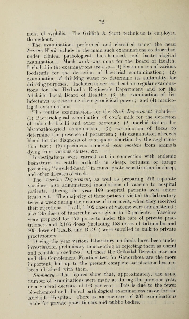 ment of syphilis. The Griffith & Scott technique is employed throughout. The examinations performed and classified under the head Private Work include in the main such examinations as described under clinical pathological, bio-chemical, and bacteriological examinations. Much work was done for the Board of Health. Included in the examinations are also—(1) Examination of various foodstuffs for the detection of bacterial contamination ; (2) examination of drinking water to determine its suitability for drinking purposes. Included under this head are regular examina¬ tions for the Hydraulic Engineer’s Department and for the Adelaide Local Board of Health ; (3) the examination of dis¬ infectants to determine their germicidal power ; and (4) medico¬ legal examinations. The routine examinations for the Stock Department include— (1) Bacteriological examination of cow's milk for the detection of tubercle bacilli and other bacteria ; (2) morbid tissues for histopathological examination; (3) examination of faeces to determine the presence of parasitism ; (4) examination of cow's blood for the diagnosis of contagious abortion by the agglutina¬ tion test; (5) specimens removed post mortem from animals dying from various causes, &c. Investigations were carried out in connection with endemic hsematuria in cattle, arthritis in sheep, botulism or forage poisoning, “ swelled-head ” in rams, photo-sensitization in sheep, and other diseases of stock. The Vaccine Department, as well as preparing 276 separate vaccines, also administered inoculations of vaccine to hospital patients. During the year 169 hospital patients were under treatment. The majority of these patients visited the laboratory twice a week during their course of treatment, when they received their injections. In all, 1,102 doses of vaccine were administered ; also 245 doses of tuberculin were given to 12 patients. Vaccines were prepared for 172 patients under the care of private prac¬ titioners and 2,106 doses (including 158 doses of tuberculin and 205 doses of T.A.B. and B.C.C.) were supplied in bulk to private practitioners. During the year various laboratory methods have been under investigation preliminary to accepting or rejecting them as useful and reliable procedures. Of these the Colloidal Benzoin reaction and the Complement Fixation test for Gonorrhoea are the more important, but up to the present complete satisfaction has not been obtained with them. Summary.-—The figures show that, approximately, the same number of examinations were made as during the previous year, or a general decrease of 1-3 per cent. This is due to the fewer bio-chemical and clinical pathological examinations made for the Adelaide Hospital. There is an increase of 937 examinations made for private practitioners and public bodies.