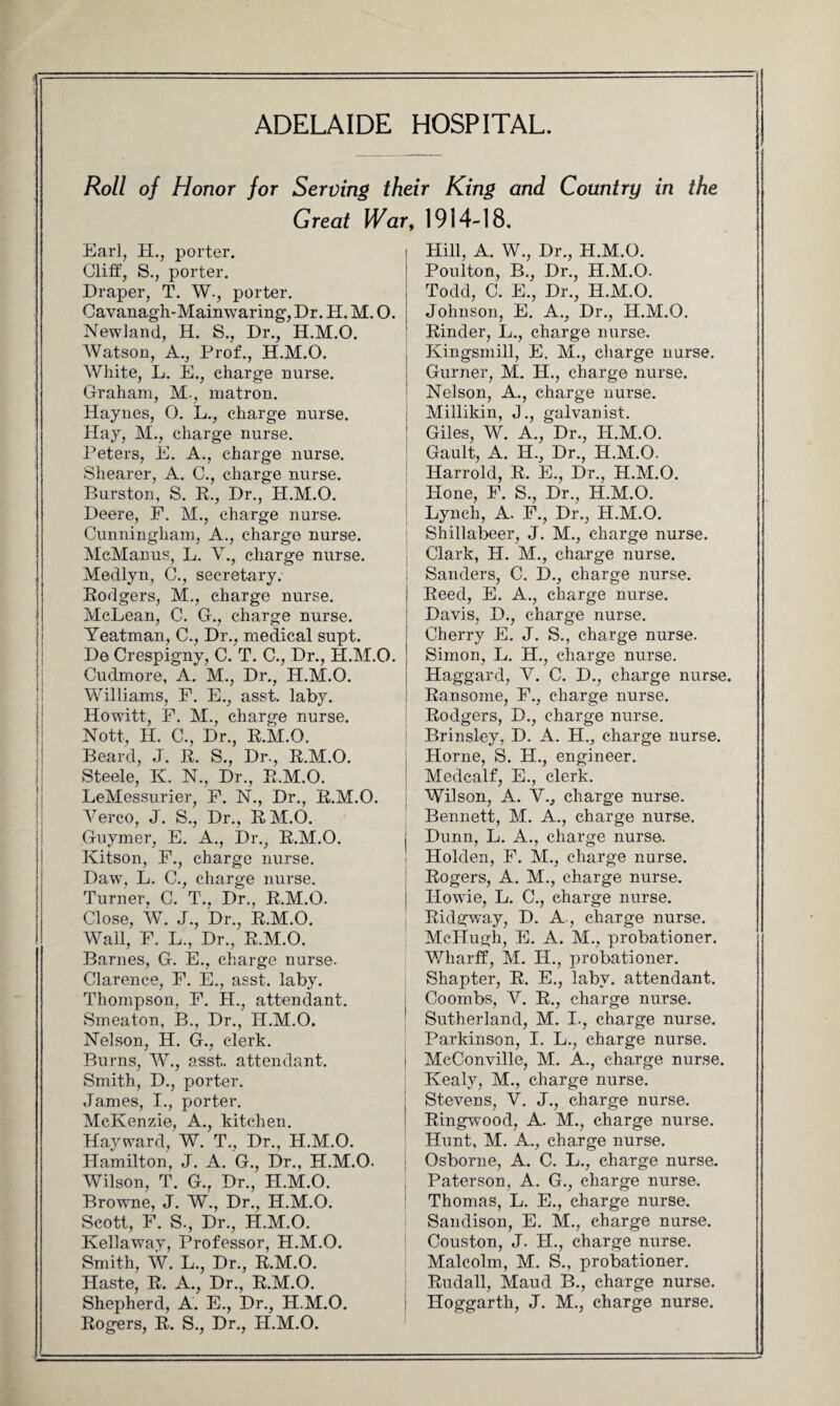 Roll of Honor for Serving their King and Country in the Great War, 1914-18. Ear], H., porter. Cliff, S., porter. Draper, T. W-, porter. Cavanagh-Mainwaring, Dr. H. M. O. NewJand, H. S., Dr., H.M.O. Watson, A., Prof., H.M.O. White, L. E., charge nurse. Graham, M-, matron. Haynes, O. L., charge nurse. Hay, M., charge nurse. Peters, E. A., charge nurse. Shearer, A. C., charge nurse. Hurston, S. R., Dr., H.M.O. Deere, P. M., charge nurse. Cunningham, A., charge nurse. McManus, L. V., charge nurse. Medlyn, C., secretary. Rodgers, M., charge nurse. McLean, C. G., charge nurse. Yeatman, C., Dr., medical supt. De Crespigny, C. T. C., Dr., H.M.O. Cudmore, A. M., Dr., H.M.O. Williams, P. E., asst. laby. Howitt, F. M., charge nurse. Nott, H. C., Dr., R.M.O. Beard, J. R. S., Dr., R.M.O. Steele, K. N., Dr., R.M.O. LeMessurier, P. N., Dr., R.M.O. Verco, J. S., Dr., RM.O. Guymer, E. A., Dr., R.M.O. Kitson, F., charge nurse. Daw, L. C., charge nurse. Turner, C. T., Dr., R.M.O. Close, W. J., Dr., R.M.O. Wall, P. L., Dr., R.M.O. Barnes, G. E., charge nurse. Clarence, P. E., asst. laby. Thompson, P. H., attendant. Smeaton, B., Dr., H.M.O. Nelson, H. G., clerk. Burns, W., asst, attendant. Smith, D., porter. James, I., porter. McKenzie, A., kitchen. Hayward, W. T., Dr., H.M.O. Hamilton, J. A. G., Dr., H.M.O. Wilson, T. G.r Dr., H.M.O. Browne, J. W., Dr., H.M.O. Scott, F. S., Dr., H.M.O. Kellaway, Professor, H.M.O. Smith, W. L., Dr., R.M.O. Haste, R. A., Dr., R.M.O. Shepherd, A. E., Dr., H.M.O. Rogers, R. S., Dr., H.M.O. Hill, A. W., Dr., H.M.O. Poulton, B., Dr., H.M.O. Todd, C. E., Dr., H.M.O. Johnson, E. A., Dr., H.M.O. Rinder, L., charge nurse. Kingsmill, E. M., charge nurse. Gurner, M. H., charge nurse. Nelson, A., charge nurse. Millikin, J., galvanist. Giles, W. A., Dr., H.M.O. Gault, A. H., Dr., H.M.O. Harrold, R. E., Dr., H.M.O. Hone, P. S., Dr., H.M.O. Lynch, A. F., Dr., H.M.O. Shillabeer, J. M., charge nurse. Clark, H. M., charge nurse. Sanders, C. D., charge nurse. Reed, E. A., charge nurse. Davis, D., charge nurse. Cherry E. J. S., charge nurse. Simon, L. H., charge nurse. Haggard, V. C. D., charge nurse. Ransome, F., charge nurse. Rodgers, D., charge nurse. Brinsley, D. A. H., charge nurse. Horne, S. H., engineer. Medcalf, E., clerk. Wilson, A. V., charge nurse. Bennett, M. A., charge nurse. Dunn, L. A., charge nurse. Holden, P. M., charge nurse. Rogers, A. M., charge nurse, j Howie, L. C., charge nurse. Ridgway, D. A , charge nurse. McHugh, E. A. M., probationer. Wharff, M. II., probationer. Shapter, R. E., laby. attendant. Coombs, V. R., charge nurse. Sutherland, M. I., charge nurse. Parkinson, I. L., charge nurse, i McConville, M. A., charge nurse. Kealy, M., charge nurse. Stevens, V. J., charge nurse. Ringwood, A. M., charge nurse. Hunt, M. A., charge nurse. Osborne, A. C. L., charge nurse. Paterson, A. G., charge nurse. Thomas, L. E., charge nurse. Sandison, E. M., charge nurse. Couston, J. H., charge nurse. Malcolm, M. S., probationer. Rudall, Maud B., charge nurse, i Hoggarth, J. M., charge nurse.