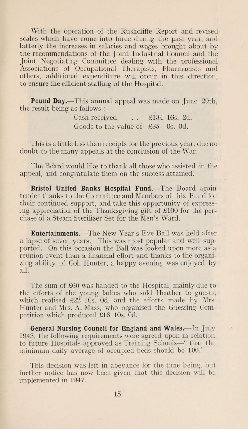 With the operation of the Rushcliffe Report and revised scales which have come into force during the past year, and latterly the increases in salaries and wages brought about by the recommendations of the Joint Industrial Council and the Joint Negotiating Committee dealing with the professional Associations of Occupational Therapists, Pharmacists and others, additional expenditure will occur in this direction, to ensure the efficient staffing of the Hospital. Pound Day.—This annual appeal was made on June 29th, the result being as follows :— Cash received ... £134 16s. 2d. Goods to the value of £35 Os. Od. This is a little less than receipts for the previous year, due no doubt to the many appeals at the conclusion of the War. The Board would like to thank all those who assisted in the appeal, and congratulate them on the success attained. Bristol United Banks Hospital Fund.—The Board again tender thanks to the Committee and Members of this Fund for their continued support, and take this opportunity of express¬ ing appreciation of the Thanksgiving gift of £100 for the per- chase of a Steam Sterilizer Set for the Men's Ward. Entertainments.—The New Year’s Eve Ball was held after a lapse of seven years. This was most popular and well sup¬ ported. On this occasion the Ball was looked upon more as a reunion event than a financial effort and thanks to the organi¬ zing ability of Col. Hunter, a happy evening was enjoyed by all. The sum of £60 was handed to the Hospital, mainly due to the efforts of the young ladies who sold Heather to guests, which realised £22 10s. Od. and the efforts made by Mrs. Hunter and Mrs. A. Mass, who organised the Guessing Com¬ petition which produced £16 10s. Od. General Nursing Council for England and Wales.—In July 1943, the following requirements were agreed upon in relation to future Hospitals approved as Training Schools—“ that the minimum daily average of occupied beds should be 100.” This decision was left in abeyance for the time being, but further notice has now been given that this decision will be implemented in 1947.