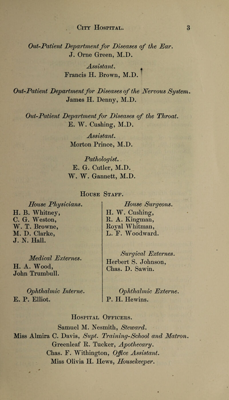 Out-Patient Department for Diseases of the Ear. J. Orne Green, M.D. Assistant. ^ Francis H. Brown, M.D. Out-Patient Department for Diseases of the JVervous System. James H. Denny, M.D. Out-Patient Department for Diseases of the Throat. E. W. Cushing, M.D. Assistant. Morton Prince, M.D. Pathologist.. E. G. Cutler, M.D. W. W. Gannett, M.D. House Staff. House Physicians. H. B. Whitney, C. G. Weston, W. T. Browne, M. D. Clarke, J. N. Hall. Medical Ext ernes. H. A. Wood, John Trumbull. Ophthalmic Interne. E. P. Elliot. House Surgeons. H. W. Cushing, R. A. Kingman, Royal Whitman, L. F. Woodward. Surgical Externes. Herbert S. Johnson, Chas. D. Sawin. Ophthalmic Externe. P. H. Hewins. Hospital Officers. Samuel M. Nesmith, Steward. Miss Almira C. Davis, Supt. Training-School and Matron. Greenleaf R. Tucker, Apothecary. Chas. F. Withington, Office Assistant. Miss Olivia H. Hews, Housekeeper.