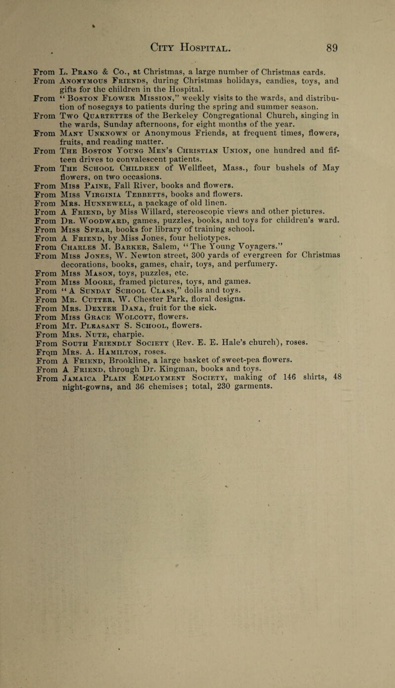 From L. Prang & Co., at Christmas, a large number of Christmas cards. From Anonymous Friends, during Christmas holidays, candies, toys, and gifts for the children in the Hospital. From “ Boston Flower Mission,” weekly visits to the wards, and distribu¬ tion of nosegays to patients during the spring and summer season. From Two Quartettes of the Berkeley Cbngregational Church, singing in the wards, Sunday afternoons, for eight months of the year. From Many Unknown or Anonymous Friends, at frequent times, flowers, fruits, and reading matter. From The Boston Young Men’s Christian Union, one hundred and fif¬ teen drives to convalescent patients. From The School Children of Wellfleet, Mass., four bushels of May flowers, on two occasions. From Miss Paine, Fall River, books and flowers. From Miss Virginia Tebbetts, books and flowers. From Mrs. Hunnewell, a package of old linen. From A Friend, by Miss Willard, stereoscopic views and other pictures. From Dr. Woodward, games, puzzles, books, and toys for children’s ward. From Miss Spear, books for library of training school. From A Friend, bv Miss Jones, four heliotypes. From Charles M. Barker, Salem, “ The Young Voyagers.” From Miss Jones, W. Newton street, 300 yards of evergreen for Christmas decorations, books, games, chair, toys, and perfumery. From Miss Mason, toys, puzzles, etc. From Miss Moore, framed pictures, toys, and games. From “ A Sunday School Class,” dolls and toys. From Mr. Cutter, W. Chester Park, floral designs. From Mrs. Dexter Dana, fruit for the sick. From Miss Grace Wolcott, flowers. From Mt. Pleasant S. School, flowers. From Mrs. Note, charpie. From South Friendly Society (Rev. E. E. Hale’s church), roses. Fro.m Mrs. A. Hamilton, roses. From A Friend, Brookline, a large basket of sweet-pea flowers. From A Friend, through Dr. Kingman, books and toys. From Jamaica Plain Employment Society, making of 146 shirts, 48 night-gowns, and 36 chemises; total, 230 garments.