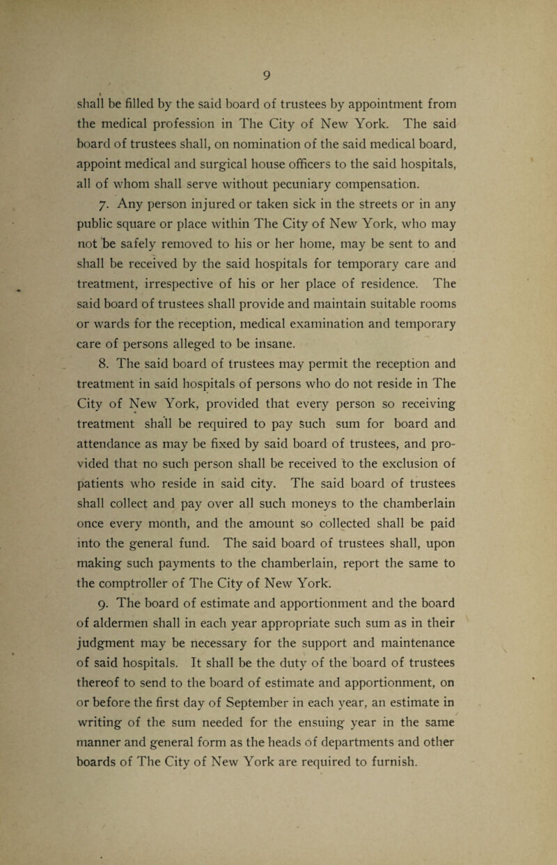 shall be filled by the said board of trustees by appointment from the medical profession in The City of New York. The said board of trustees shall, on nomination of the said medical board, appoint medical and surgical house officers to the said hospitals, all of whom shall serve without pecuniary compensation. 7. Any person injured or taken sick in the streets or in any public square or place within The City of New York, who may not be safely removed to his or her home, may be sent to and shall be received by the said hospitals for temporary care and treatment, irrespective of his or her place of residence. The said board of trustees shall provide and maintain suitable rooms or wards for the reception, medical examination and temporary care of persons alleged to be insane. 8. The said board of trustees may permit the reception and treatment in said hospitals of persons who do not reside in The City of New York, provided that every person so receiving treatment shall be required to pay such sum for board and attendance as may be fixed by said board of trustees, and pro¬ vided that no such person shall be received to the exclusion of patients who reside in said city. The said board of trustees shall collect and pay over all such moneys to the chamberlain once every month, and the amount so collected shall be paid into the general fund. The said board of trustees shall, upon making such payments to the chamberlain, report the same to the comptroller of The City of New York. 9. The board of estimate and apportionment and the board of aldermen shall in each year appropriate such sum as in their judgment may be necessary for the support and maintenance of said hospitals. It shall be the duty of the board of trustees thereof to send to the board of estimate and apportionment, on or before the first day of September in each year, an estimate in writing of the sum needed for the ensuing year in the same manner and general form as the heads of departments and other boards of The City of New York are required to furnish.