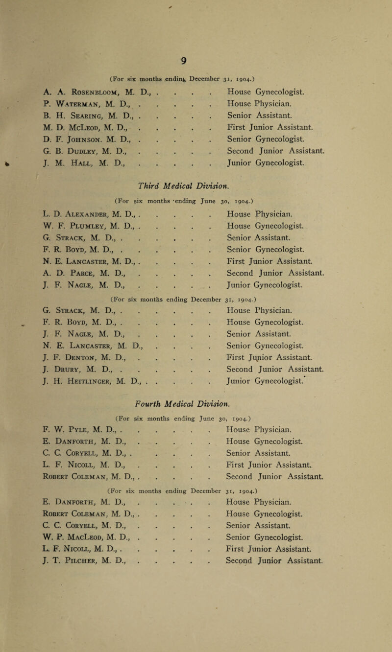 (For six months ending December 31, 1904.) A. A. Rosenbloom, M. D., . . . . House Gynecologist. P. Waterman, M. D., B. H. Searing, M. D., M. D. McLeod, M. D., D. F. Johnson. M. D., G. B. Dudley, M. D., J. M. Hall, M. D., House Physician. Senior Assistant. First Junior Assistant. Senior Gynecologist. Second Junior Assistant. Junior Gynecologist. Third Medical Division. (For six months -ending June 30, 1904.) L. D. Alexander, M. D.,.House Physician. W. F. Plumley, M. D., . G. Strack, M. D., . F. R. Boyd, M. D., . N. E. Lancaster, M. D., . A. D. Parce, M. D., J. F. Nagle, M. D., (For six months ending G. Strack, M. D., . F. R. Boyd, M. D., . J. F. Nagle, M. D., N. E. Lancaster, M. D., J. F. Denton, M. D., J. Drury, M. D., . J. H. Heitlinger, M. D., . House Gynecologist. Senior Assistant. Senior Gynecologist. First Junior Assistant. Second Junior Assistant. Junior Gynecologist. December 31, 1904.) House Physician. House Gynecologist. Senior Assistant. Senior Gynecologist. First Junior Assistant. Second Junior Assistant. Junior Gynecologist. Fourth Medical Division. (For six months ending June 30, 1904.) F. W. Pyle, M. D.,. E. Danforth, M. D.,. C. C. Coryell, M. D., . L. F. Nicoll, M. D.,. Robert Coleman, M. D.,. (For six months ending December E. Danforth, M. D., . . • . Robert Coleman, M. D.,. C. C. Coryell, M. D.,. W. P. MacLeod, M. D.,. L. F. Nicoll, M. D.,. J. T. Pilcher, M. D.,. House Physician. House Gynecologist. Senior Assistant. First Junior Assistant. Second Junior Assistant. 31, 1904.) House Physician. House Gynecologist. Senior Assistant. Senior Gynecologist. First Junior Assistant. Second Junior Assistant.