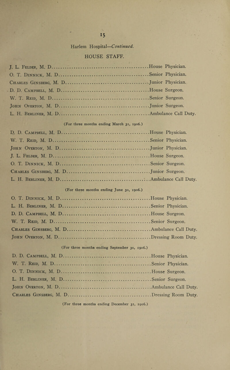 IS Harlem Hospital—Continued. HOUSE STAFF. J. L. Felder, M. D. O. T. Dinnick, M. D. Charles Ginsberg, M. D. D. D. Campbell, M. D. W. T. Reid, M. D. John Overton, M. D. L. H. Berliner, M. D.. House Physician. Senior Physician. Junior Physician. House Surgeon. Senior Surgeon. Junior Surgeon. Ambulance Call Duty. (For three months ending March 31, 1906.) D. D. Campbell, M. D. W. T. Reid> M. D... John Overton, M. D. J. L. Felder, M. D. O. T. Dinnick, M. D. Charles Ginsberg, M. D. L. H. Berliner, M. D. House Physician. Senior Physician. Junior Physician. House Surgeon. Senior Surgeon. Junior Surgeon. Ambulance Call Duty. (For three months ending June 30, 1906.) O. T. Dinnick, M. D. L. H. Berliner, M. D. D. D. Campbell, M. D... W. T. Reid, M. D. Charles Ginsberg, M. D. John Overton, M. D. House Physician. Senior Physician. House Surgeon. Senior Surgeon. Ambulance Call Duty. Dressing Room Duty. (For three months ending September 30, 1906.) D. D. Campbell, M. D.. W. T. Reid, M. D. O. T. Dinnick, M. D... L. H. Berliner, M. D.. John Overton, M. D.... Charles Ginsberg, M. D House Physician. Senior Physician. House Surgeon. Senior Surgeon. Ambulance Call Duty. Dressing Room Duty. (For three months ending December 31, 1906.)