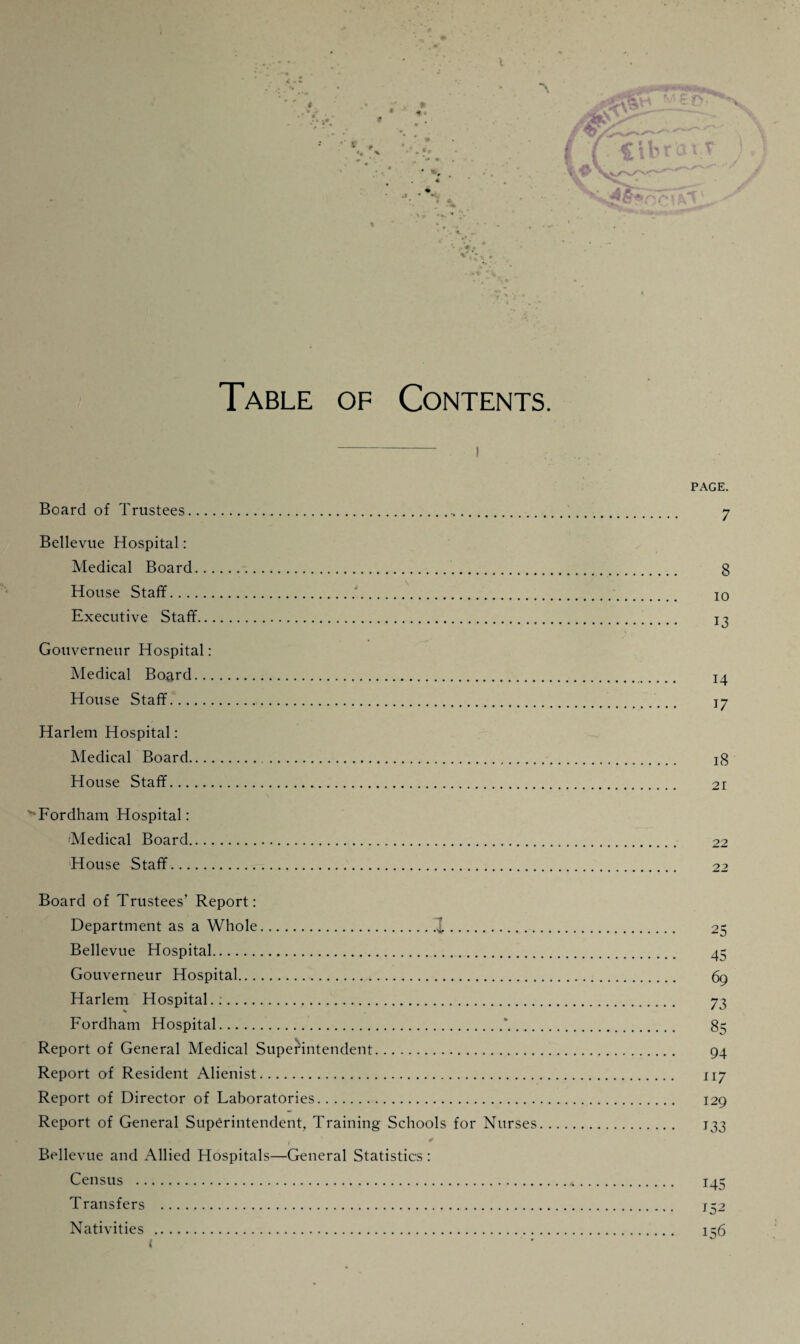 \ .. # . Table of Contents. - i Board of Trustees.. Bellevue Hospital: Medical Board.. House Staff.'. Executive Staff. Gouverneur Hospital: Medical Board. House Staff. Harlem Hospital: Medical Board... House Staff. '-Fordham Hospital: Medical Board. House Staff. Board of Trustees’ Report: Department as a Whole.X.. Bellevue Hospital. Gouverneur Hospital. Harlem Hospital.:. % Fordham Hospital.*_ Report of General Medical Superintendent. Report of Resident Alienist. Report of Director of Laboratories. Report of General Superintendent, Training Schools for Nurses , * Bellevue and Allied Hospitals—General Statistics: Census . Transfers . Nativities . t PAGE. 7 8 io 13 14 17 18 21 22 22 25 45 69 73 85 94 117 129 133 145 152 156