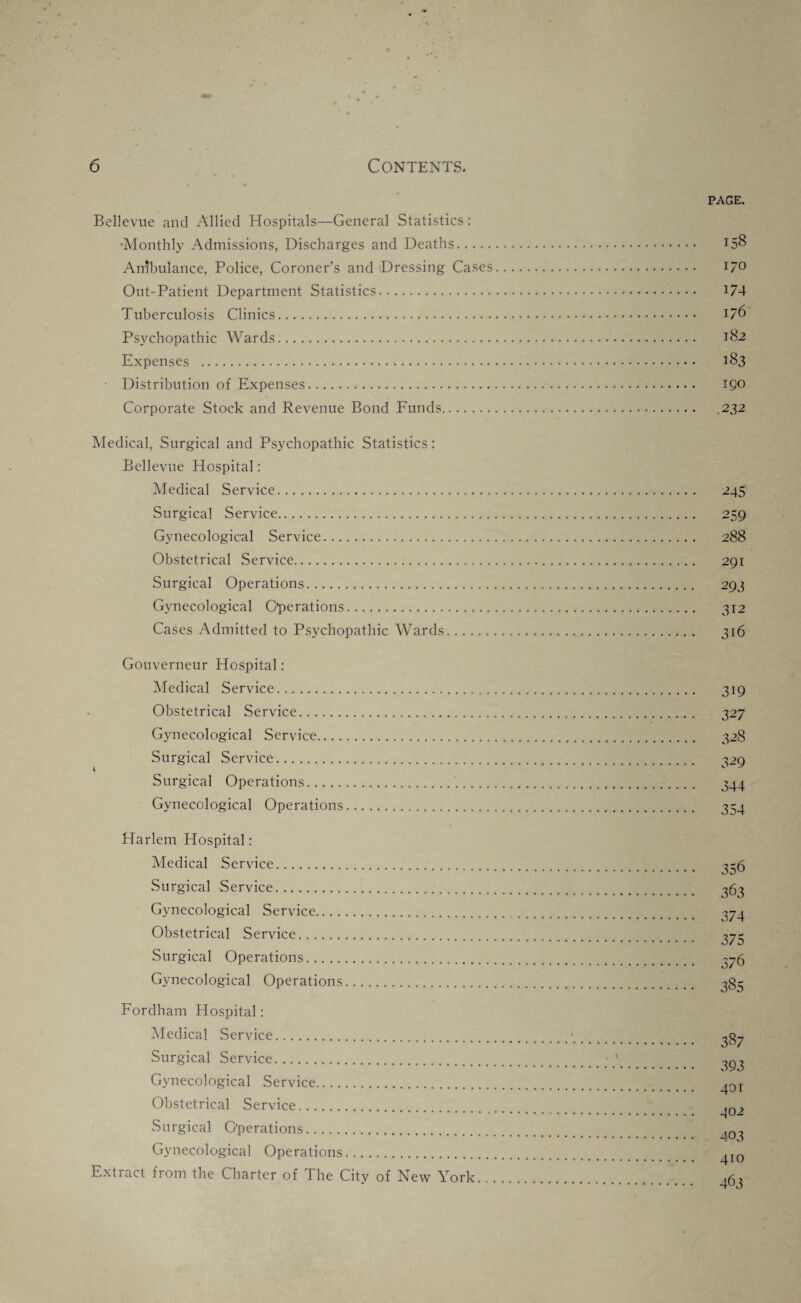 Bellevue and Allied Hospitals—General Statistics: •Monthly Admissions, Discharges and Deaths. Ambulance, Police, Coroner’s and Dressing Cases Out-Patient Department Statistics. Tuberculosis Clinics. Psychopathic Wards. Expenses . Distribution of Expenses. Corporate Stock and Revenue Bond Funds. Medical, Surgical and Psychopathic Statistics: Bellevue Hospital: Medical Service. Surgical Service. Gynecological Service. Obstetrical Service. Surgical Operations. Gynecological Operations. Cases Admitted to Psychopathic Wards. Gouverneur Hospital: Medical Service. Obstetrical Service. Gynecological Service. Surgical Service. 4 Surgical Operations.. Gynecological Operations. Harlem Hospital: Medical Service. Surgical Service. Gynecological Service. Obstetrical Service. Surgical Operations. Gynecological Operations. Fordham Hospital: Medical Service. Surgical Service. Gynecological Service. Obstetrical Service. Surgical Operations. Gynecological Operations. Extract from the Charter of The City of New York. . PAGE. 158 170 174 1/6 182 183 i go .232 245 259 288 291 293 312 316 319 327 328 329 344 354 356 363 374 375 376 385 387 393 401 402 403 410 463