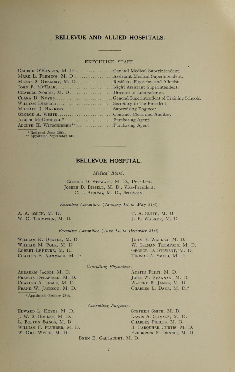 BELLEVUE AND ALLIED HOSPITALS EXECUTIVE STAFF. George O’Hanlon, M. D. Mark L. Fleming, M. D.. Menas S. Gregory, M. D, John F. McHale. Charles Norris, M. D. .. Clara D. Noyes. William Diebold. Michael J. Harkins. George A. White. Joseph McDonough*. Adolph H. Witschieben** * Resigned June 30th. ** Appointed September 8th. General Medical Superintendent. Assistant Medical Superintendent. Resident Physician and Alienist. Night Assistant Superintendent. Director of Laboratories. General Superintendent of Training Schools. Secretary to the President. Supervising Engineer. Contract Clerk and Auditor. Purchasing Agent. Purchasing Agent. BELLEVUE HOSPITAL. Medical Board. George D. Stewart, M. D., President. Joseph B. Bissell, M. D., Vice-President. C. J. Strong, M. D., Secretary. Executive Committee (January 1st to May 31st). A. A. Smith, M. D. T. A. Smith, M. D. W. G. Thompson, M. D. J. B. Walker, M. D. Executive Committee (June 1st to December 31st). William K. Draper, M. D. William M. Polk, M. D. Egbert LeFevre, M. D. Charles E. Nammack, M. D. John B. Walker, M. D. W. Gilman Thompson, M. D. George D. Stewart, M. D. Thomas A. Smith, M. D. Abraham Jacobi, M. D. Francis Delafield, M. D. Charles A. Leale, M. D. Frank W. Jackson, M. D. * Appointed October 28th. Cofisulting Physicians. Austin Flint, M. D. John W. Brannan, M. D. Walter B. James, M. D. Charles L. Dana, M. D.* Edward L. Keyes, M. D. J. W. S. Gouley, M. D. L. Bolton Bangs, M. D. William F. Fluhrer, M. D. W. Gill Wylie, M. D. Consulting Surgeons. Stephen Smith, M. D. Lewis A. Stimson, M. D. Charles Phelps, M. D. B. Farquhar Curtis, M. D. Frederick S. Dennis, M. D. Bern B. Gallaudet, M. D.