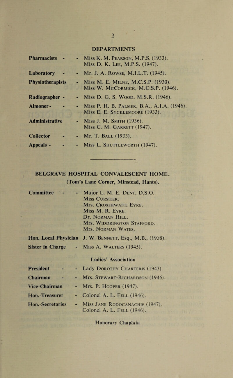 DEPARTMENTS Pharmacists - - Miss K. M. Pearson, M.P.S. (1933). Miss D. K. Lee, M.P.S. (1947). Laboratory - Mr. J. A. Rowse, M.I.L.T. (1945). Physiotherapists - Miss M, E. Milne, M.C.S.P. (1930). Miss W. McCormick, M.C.S.P. (1946). Radiographer - - Miss D. G. S. Wood, M.S.R. (1946). Almoner - - Miss P. H. B. Palmer, B.A., A.I.A. (1946) Miss E. E. Sycklemoore (1933). Administrative - Miss J. M. Smith (1936). Miss C. M. Garrett (1947). Collector - Mr. T. Ball (1933). Appeals - - Miss L. Shuttleworth (1947). BELGRAVE HOSPITAL CONVALESCENT HOME. (Tom’s Lane Corner, Minstead, Hants). Committee Major L. M. E. Dent, D.S.O. Miss Cursiter. Mrs. Crosthwaite Eyre. Miss M. R. Eyre. Dr. Norman Hill. Mrs. WlDDRINGTON STAFFORD. Mrs. Norman Wates. Hon. Local Physician J. W. Bennett, Esq., M.B., (1958). Sister in Charge - Miss A. Walters (1945). Ladies’ Association President - Lady Dorothy Charteris (1943). Chairman - Mrs. Stewart-Richardson (1946). Vice-Chairman - Mrs. P. Hooper (1947). Hon.-Treasurer - Colonel A. L. Fell (1946). Hon.-Secretaries - Miss Jane Rodocanachie (1947). Colonel A. L. Fell (1946). Honorary Chaplain