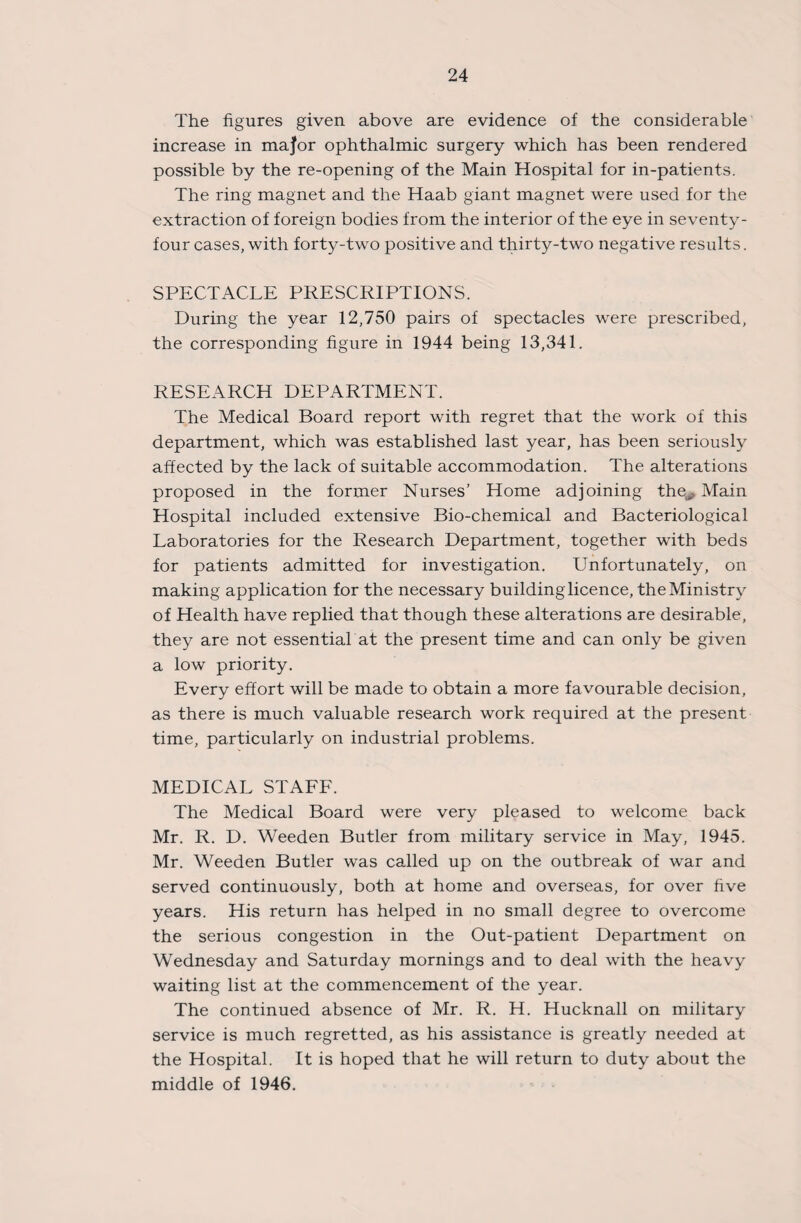 The figures given above are evidence of the considerable increase in major ophthalmic surgery which has been rendered possible by the re-opening of the Main Hospital for in-patients. The ring magnet and the Haab giant magnet were used for the extraction of foreign bodies from the interior of the eye in seventy- four cases, with forty-two positive and thirty-two negative results. SPECTACLE PRESCRIPTIONS. During the year 12,750 pairs of spectacles were prescribed, the corresponding figure in 1944 being 13,341. RESEARCH DEPARTMENT. The Medical Board report with regret that the work of this department, which was established last year, has been seriously affected by the lack of suitable accommodation. The alterations proposed in the former Nurses’ Home adjoining the. Main Hospital included extensive Bio-chemical and Bacteriological Laboratories for the Research Department, together with beds for patients admitted for investigation. Unfortunately, on making application for the necessary building licence, the Ministry of Health have replied that though these alterations are desirable, they are not essential at the present time and can only be given a low priority. Every effort will be made to obtain a more favourable decision, as there is much valuable research work required at the present time, particularly on industrial problems. MEDICAL STAFF. The Medical Board were very pleased to welcome back Mr. R. D. Weeden Butler from military service in May, 1945. Mr. Weeden Butler was called up on the outbreak of war and served continuously, both at home and overseas, for over five years. His return has helped in no small degree to overcome the serious congestion in the Out-patient Department on Wednesday and Saturday mornings and to deal with the heavy waiting list at the commencement of the year. The continued absence of Mr. R. H. Hucknall on military service is much regretted, as his assistance is greatly needed at the Hospital. It is hoped that he will return to duty about the middle of 1946.